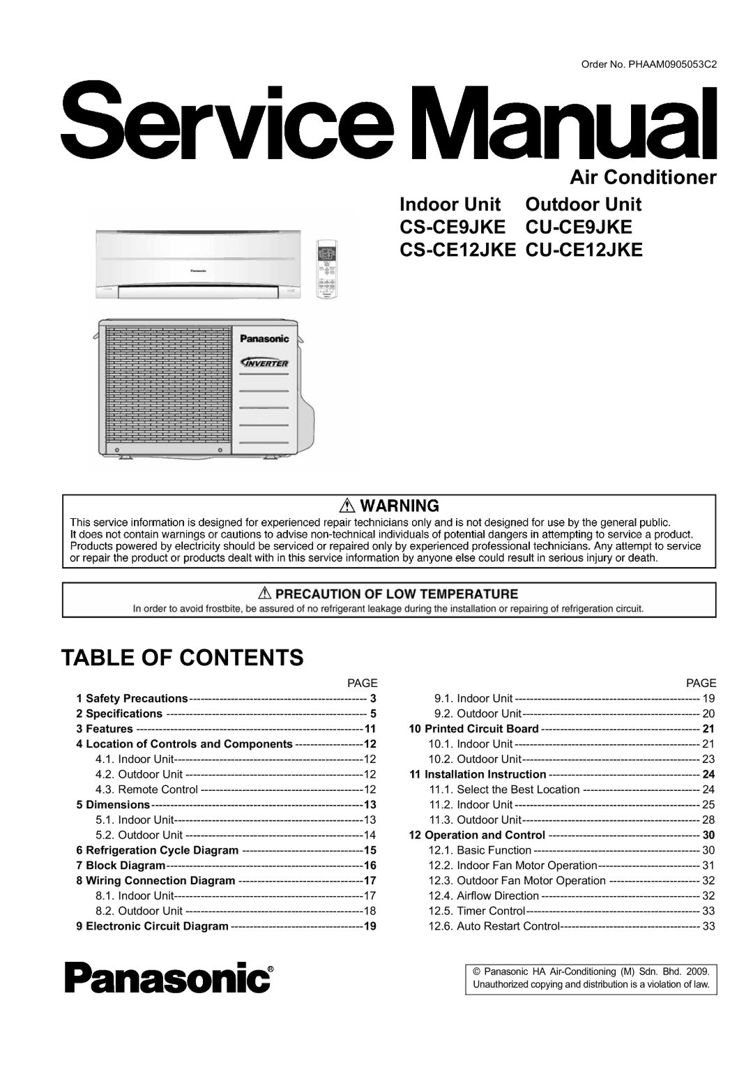 Panasonic CS-CE9JKE specifications Table of Contents 