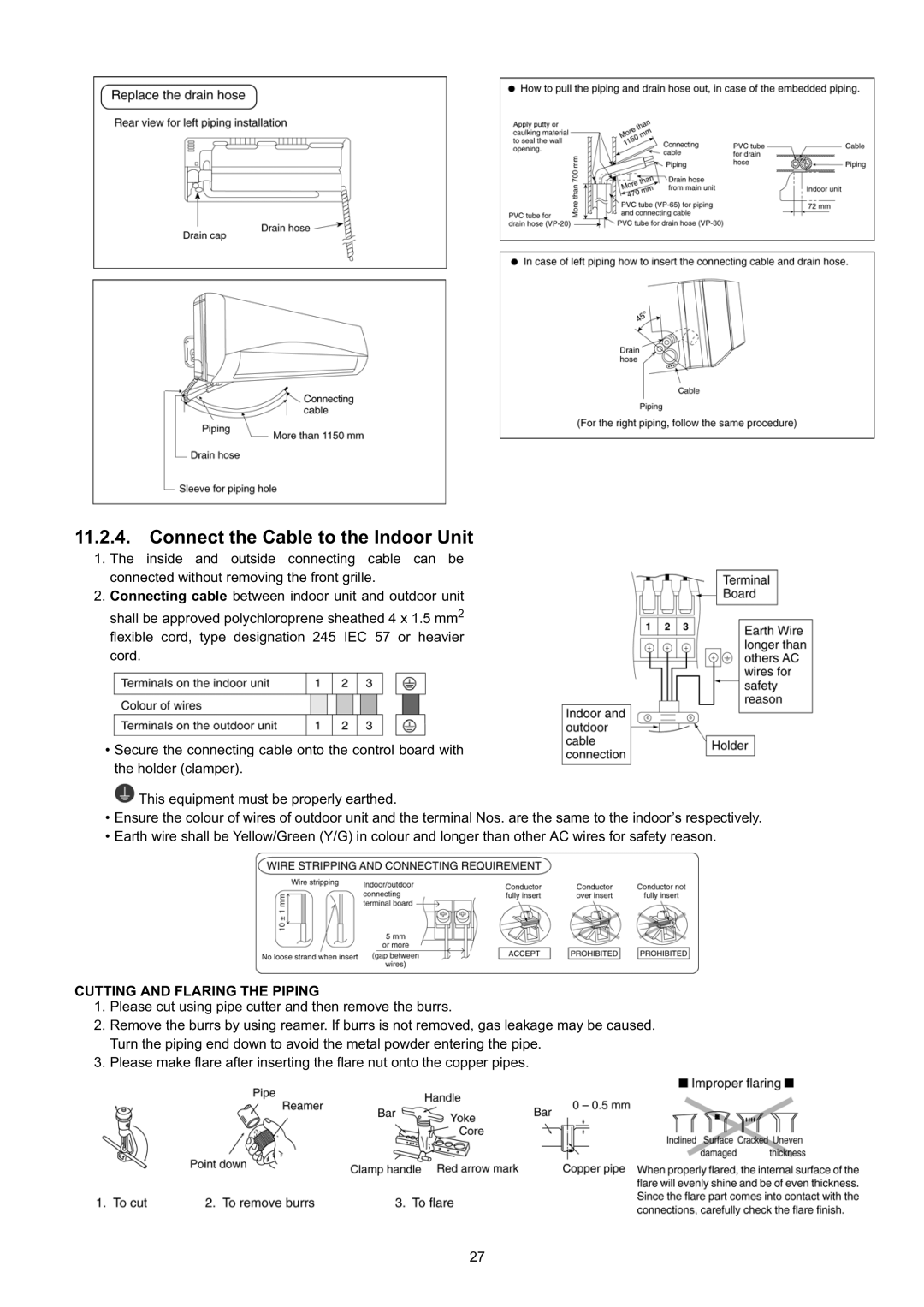 Panasonic CS-CE9JKE specifications Connect the Cable to the Indoor Unit, Cutting and Flaring the Piping 