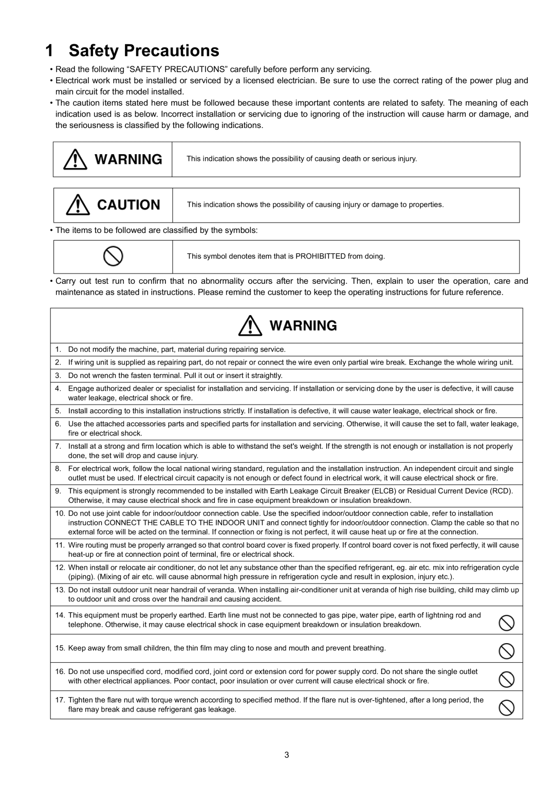 Panasonic CS-CE9JKE specifications Safety Precautions 