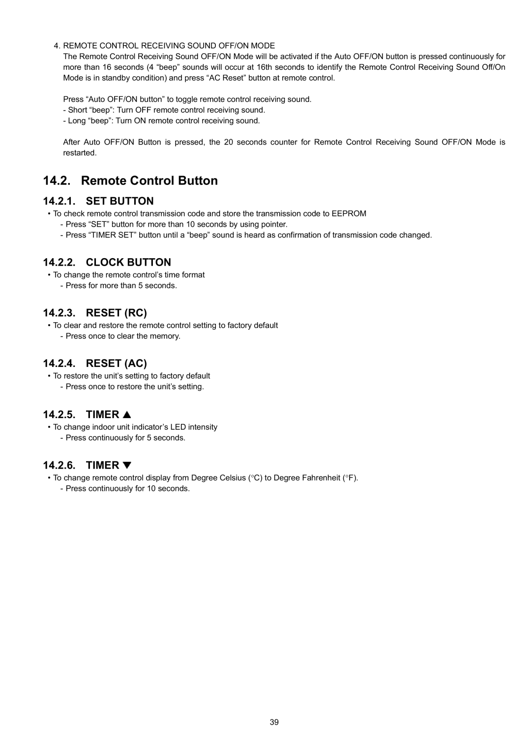 Panasonic CS-CE9JKE specifications Remote Control Button, SET Button, Reset RC, Reset AC, Timer 