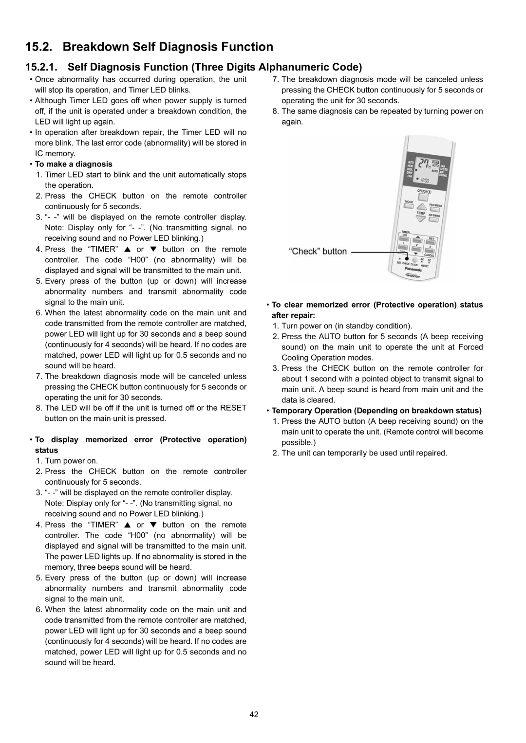 Panasonic CS-CE9JKE Breakdown Self Diagnosis Function, Self Diagnosis Function Three Digits Alphanumeric Code 