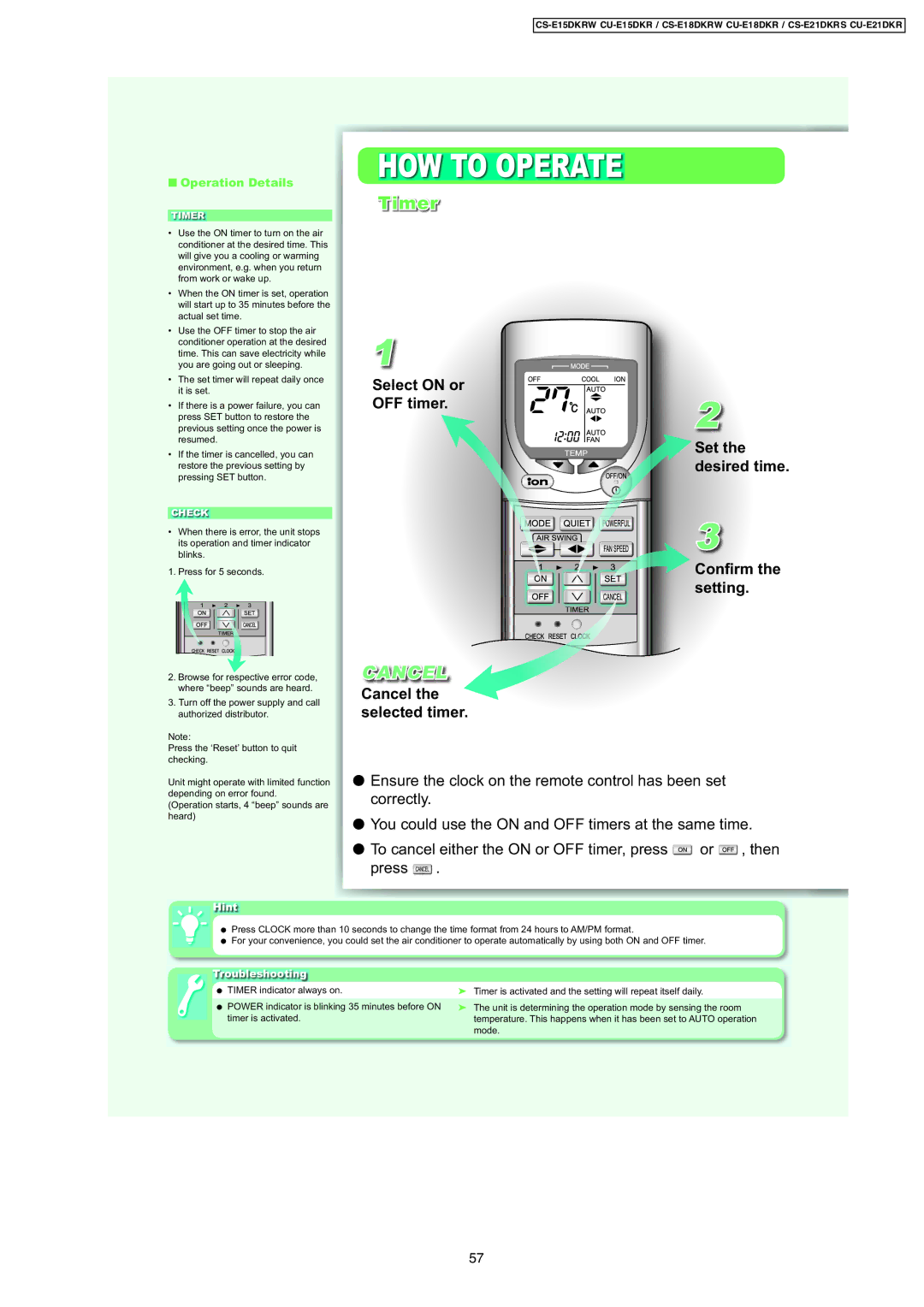 Panasonic CS-E21DKRS, CS-E15DKRW, CS-E18DKRW, CU-E18DKR, CU-E15DKR, CU-E21DKR manual Cancel 