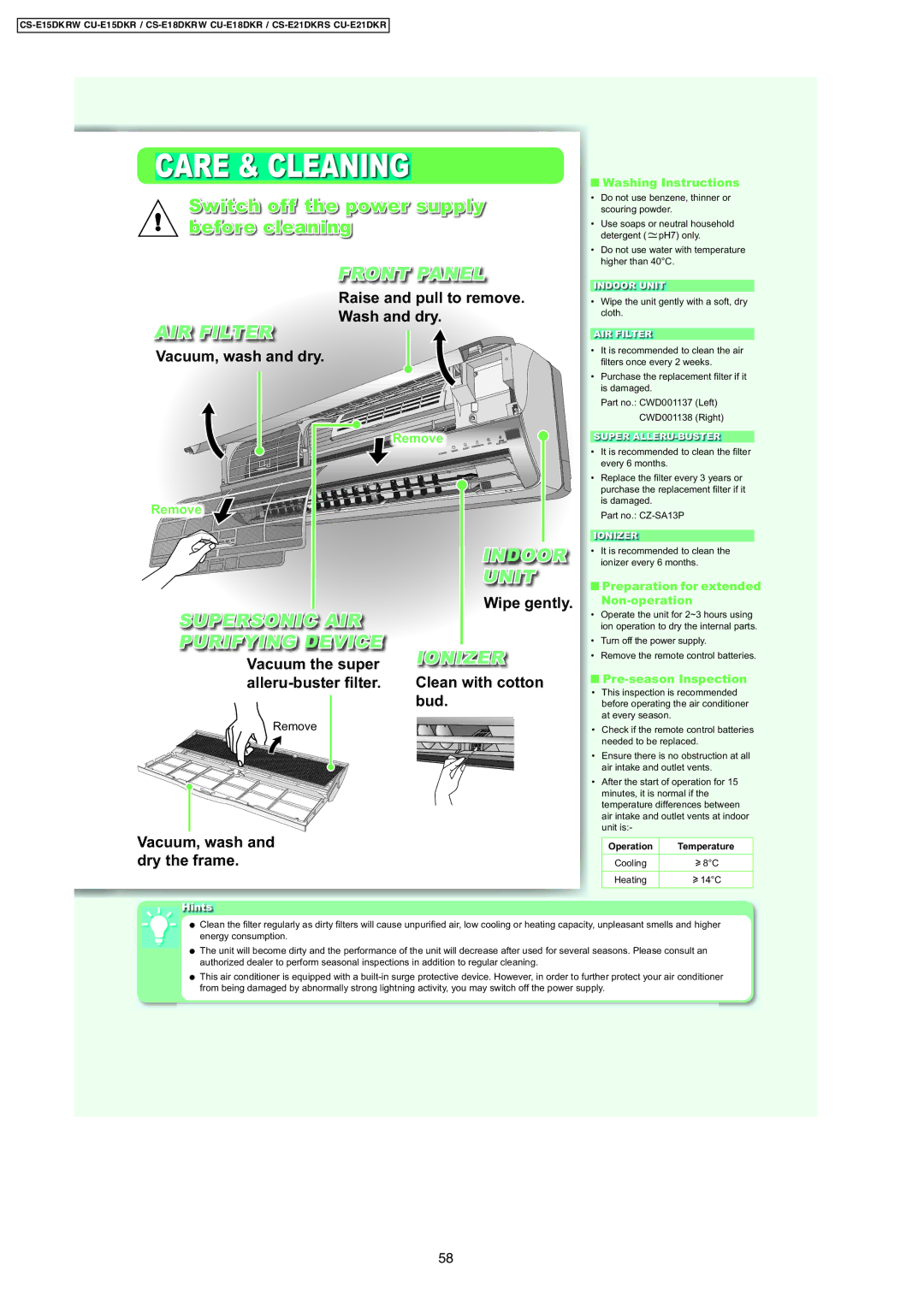 Panasonic CS-E15DKRW, CS-E18DKRW, CU-E18DKR manual Care & Cleaning, Switch off the power supply before cleaning, Indoor, Unit 