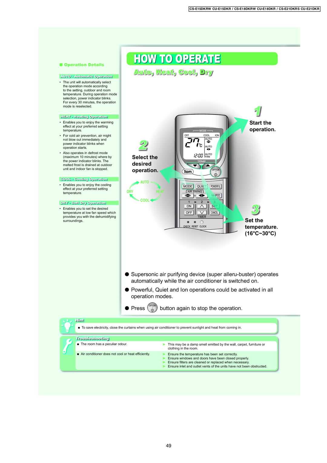 Panasonic CU-E15DKR, CU-E18DKR HOW to Operate, Auto,Heat,Cool,Dry, Select the desired operation,  Operation Details, Hint 