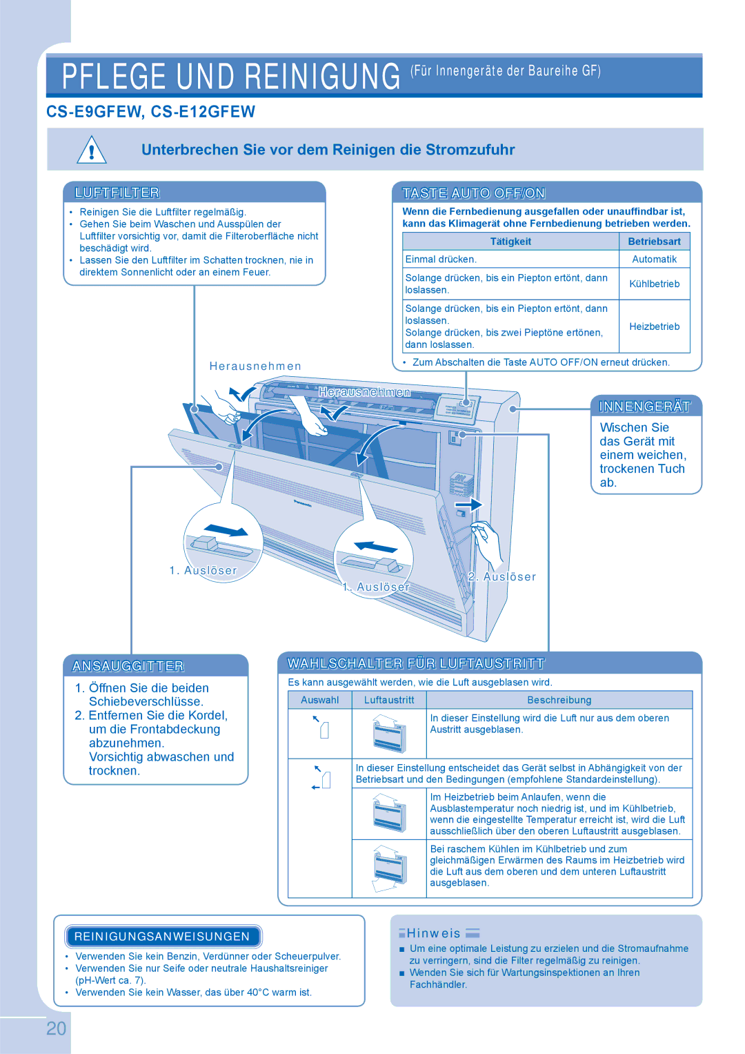 Panasonic CS-E9GKEW CS-E9GFEW, CS-E12GFEW, Luftfilter Taste Auto OFF/ON, Ansauggitter Wahlschalter FÜR Luftaustritt 