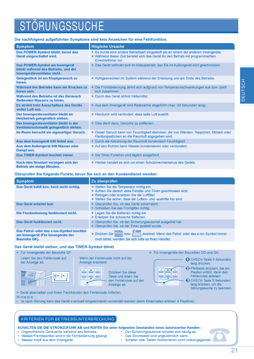 Panasonic CS-E9GKEW operating instructions Störungssuche, Deutsch English, Kriterien FÜR Betriebsunterbrechung 