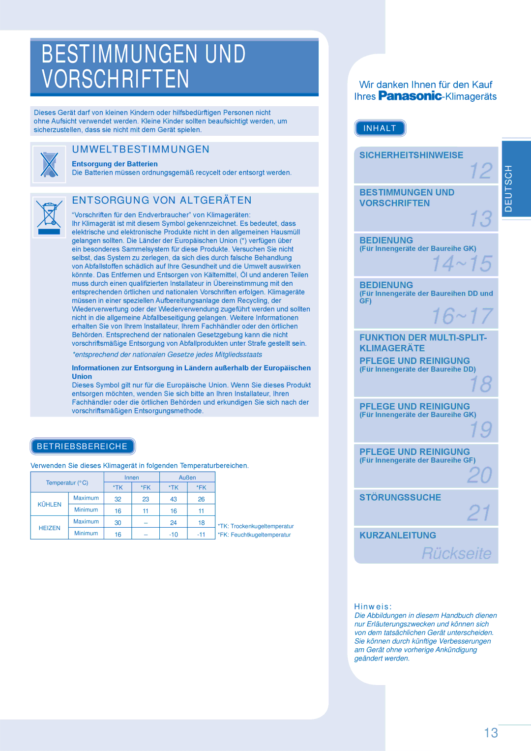 Panasonic CS-E9GKEW Bestimmungen UND Vorschriften, Wir danken Ihnen für den Kauf, Ihres Klimageräts, English 