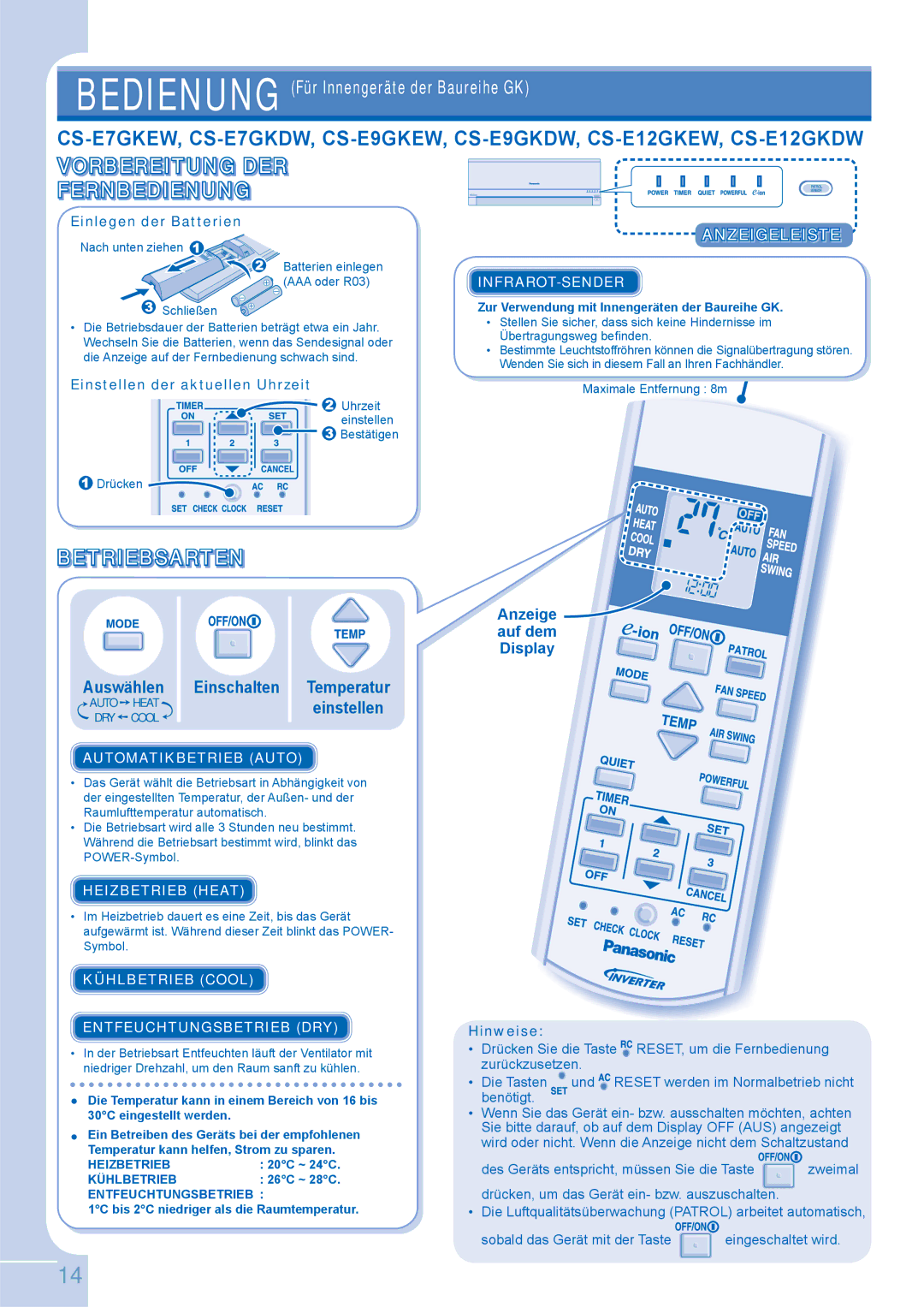 Panasonic CS-E9GKEW Auswählen Einschalten Temperatur Auto HEATeinstellen, Anzeigeleiste, Anzeige auf dem Display 