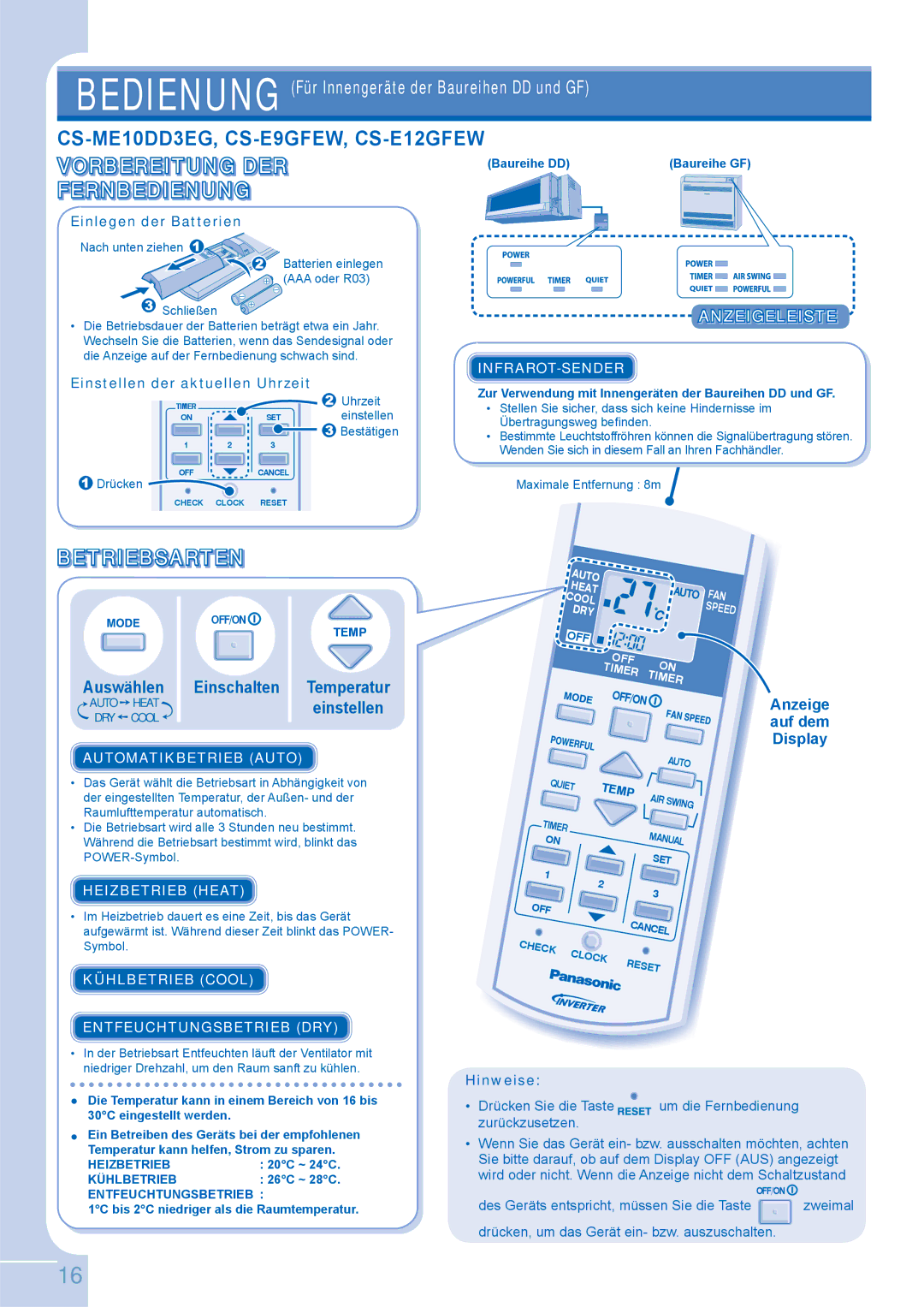 Panasonic CS-E9GKEW operating instructions CS-ME10DD3EG, CS-E9GFEW, CS-E12GFEW, Auswählen Einschalten Temperatur, Display 