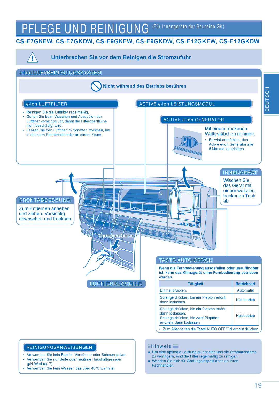 Panasonic CS-E9GKEW operating instructions Nicht während des Betriebs berühren, Innengerät, Frontabdeckung, Luftlenklamelle 