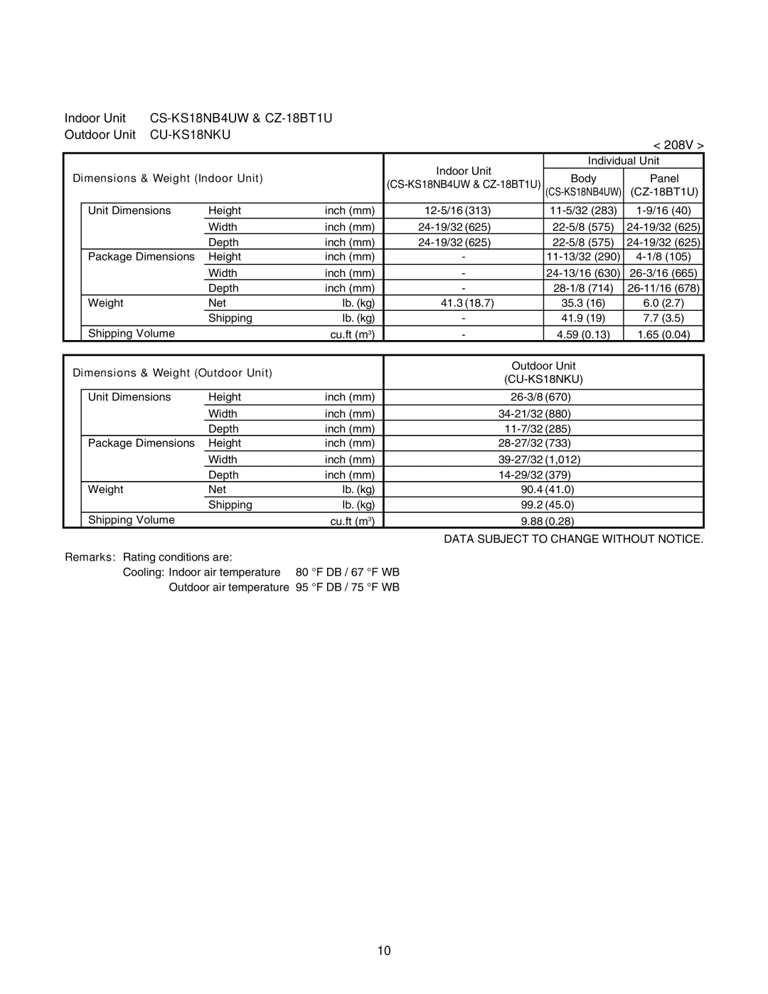 Panasonic CS-KS12NB41, CS-KS18NB4UW, CZ-18BT1U + CU-KS18NKUA, CZ-18BT1U + CU-KS12NK1A Unit Dimensions Height Inch mm 12-5/16 