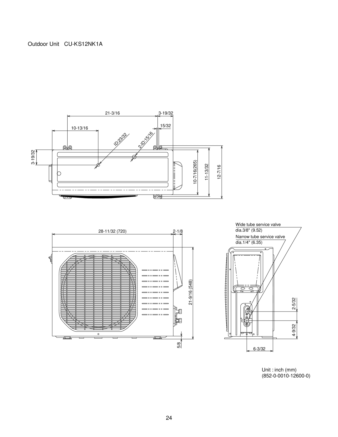 Panasonic CS-KS12NB41, CS-KS18NB4UW, CZ-18BT1U + CU-KS18NKUA, CZ-18BT1U + CU-KS12NK1A Unit inch mm 852-0-0010-12600-0 