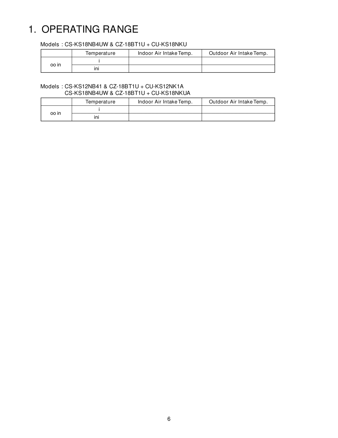 Panasonic Operating Range, Models CS-KS18NB4UW & CZ-18BT1U + CU-KS18NKU, Models CS-KS12NB41 & CZ-18BT1U + CU-KS12NK1A 