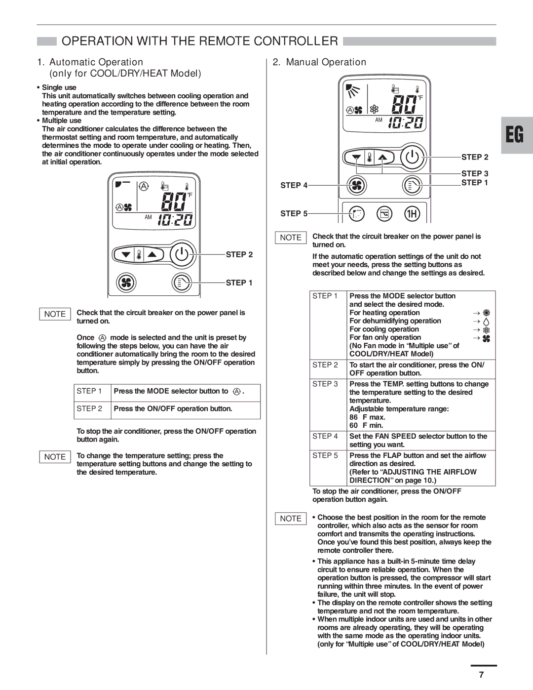 Panasonic CS-KE18NB4UW, CS-MKE9NB4U Operation with the Remote Controller, Automatic Operation Only for COOL/DRY/HEAT Model 