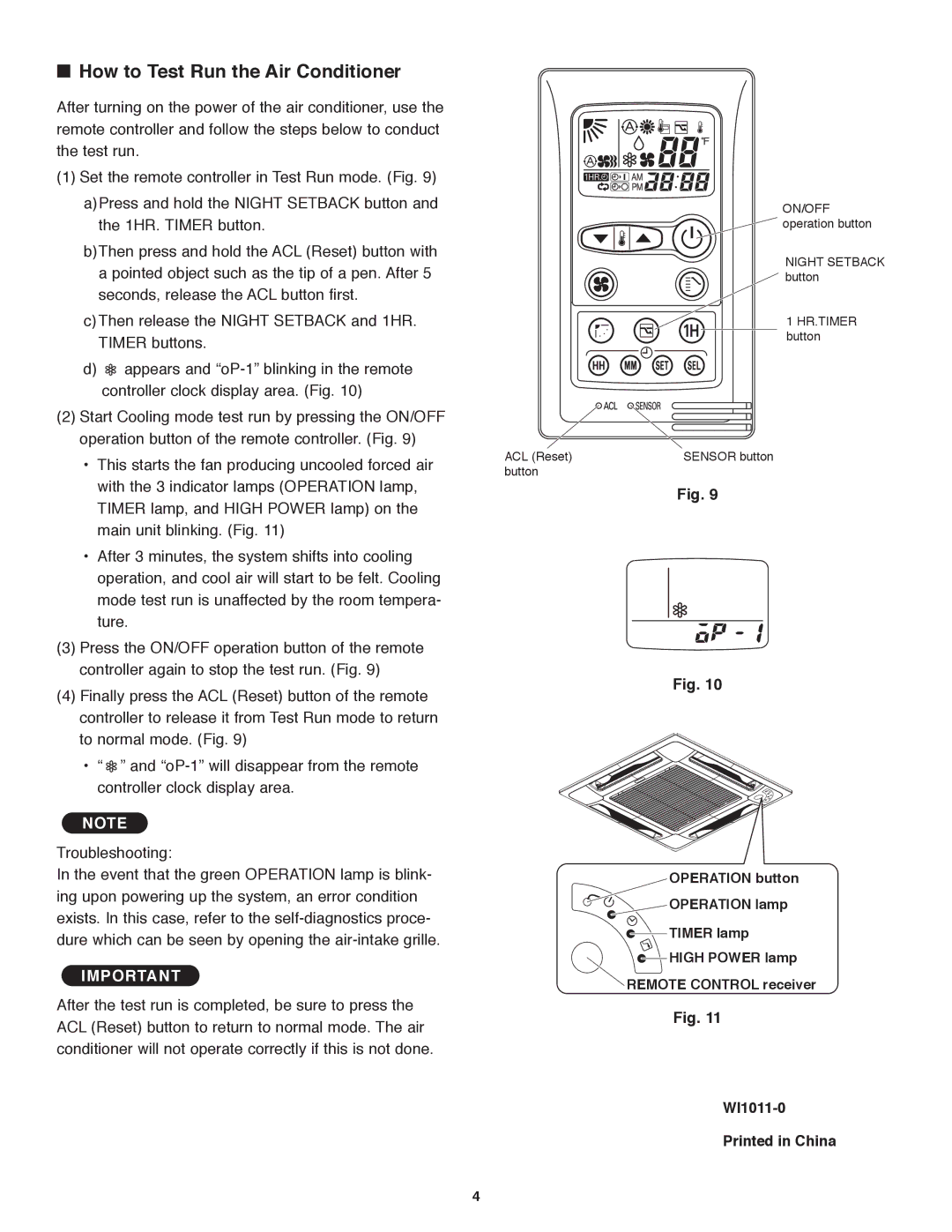 Panasonic CS-MKE9NB4U, CU-4KE31NBU, CU-4KE24NBU, CU-3KE19NBU, CS-MKE12NB4U How to Test Run the Air Conditioner, WI1011-0 