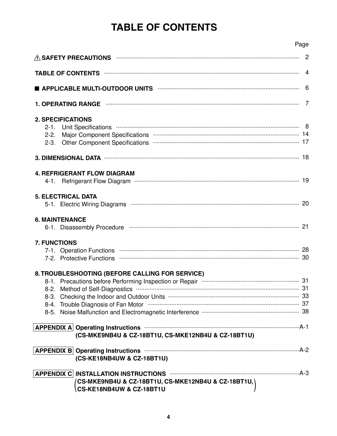 Panasonic CS-MKE12NB4U, CS-MKE9NB4U, CU-4KE31NBU, CU-4KE24NBU, CU-3KE19NBU, CS-KE18NB4UW, CZ-18BT1U Table of Contents 