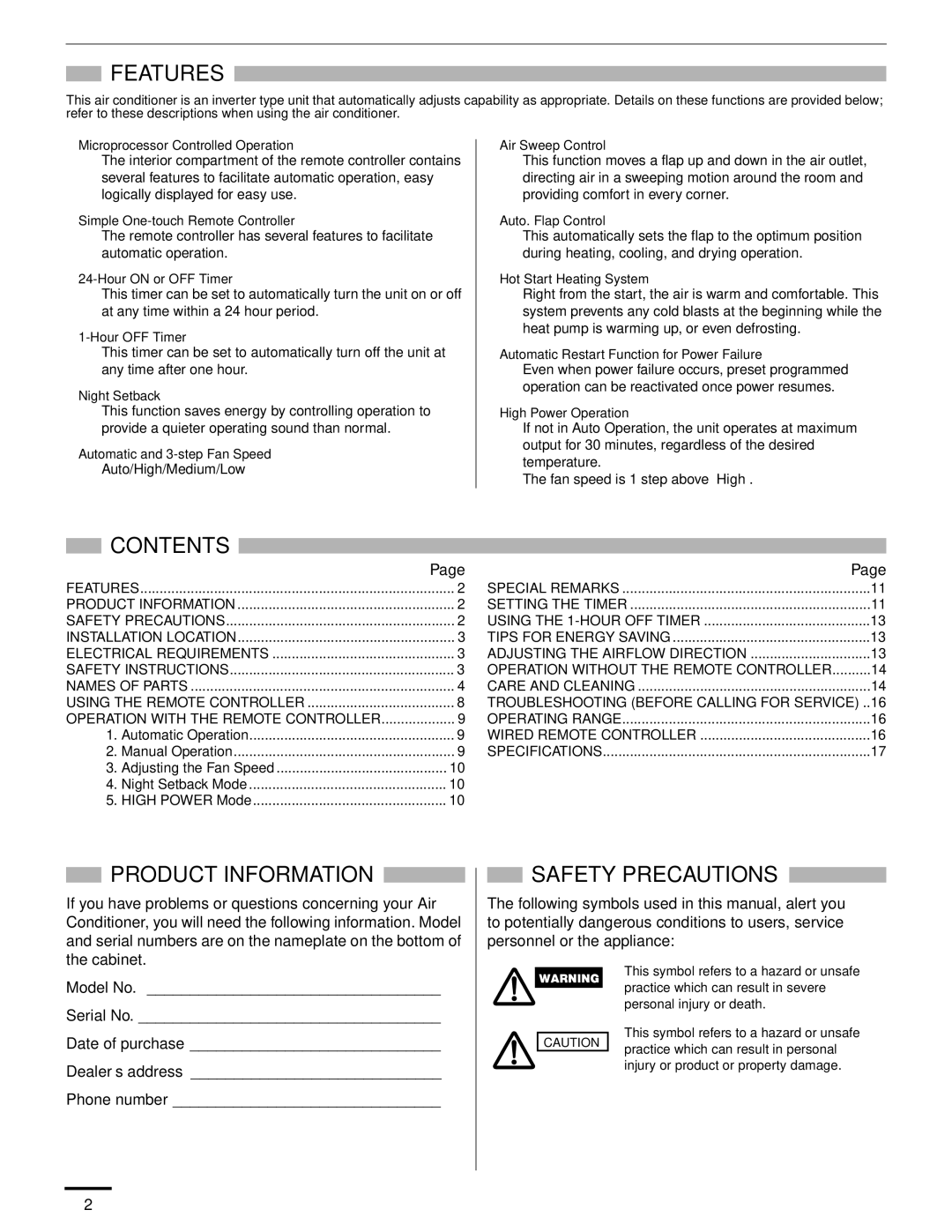 Panasonic CS-MKE9NB4U, CU-4KE31NBU, CU-4KE24NBU, CU-3KE19NBU Features, Contents, Product Information, Safety Precautions 