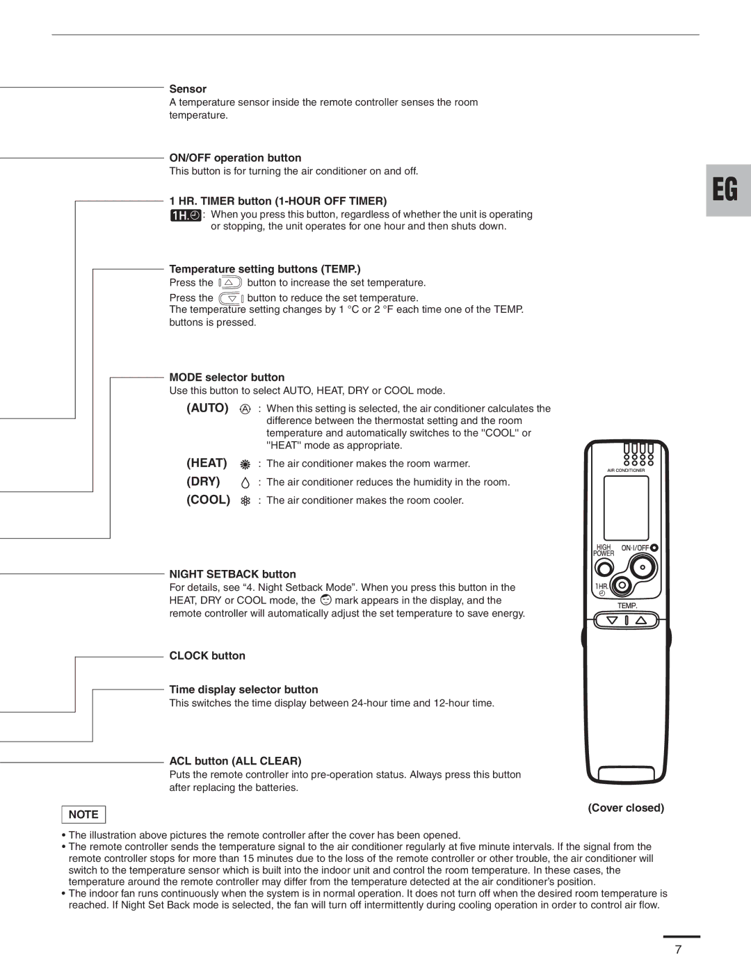 Panasonic CS-KE18NB4UW, CZ-18BT1U Sensor, ON/OFF operation button, HR. Timer button 1-HOUR OFF Timer, Mode selector button 