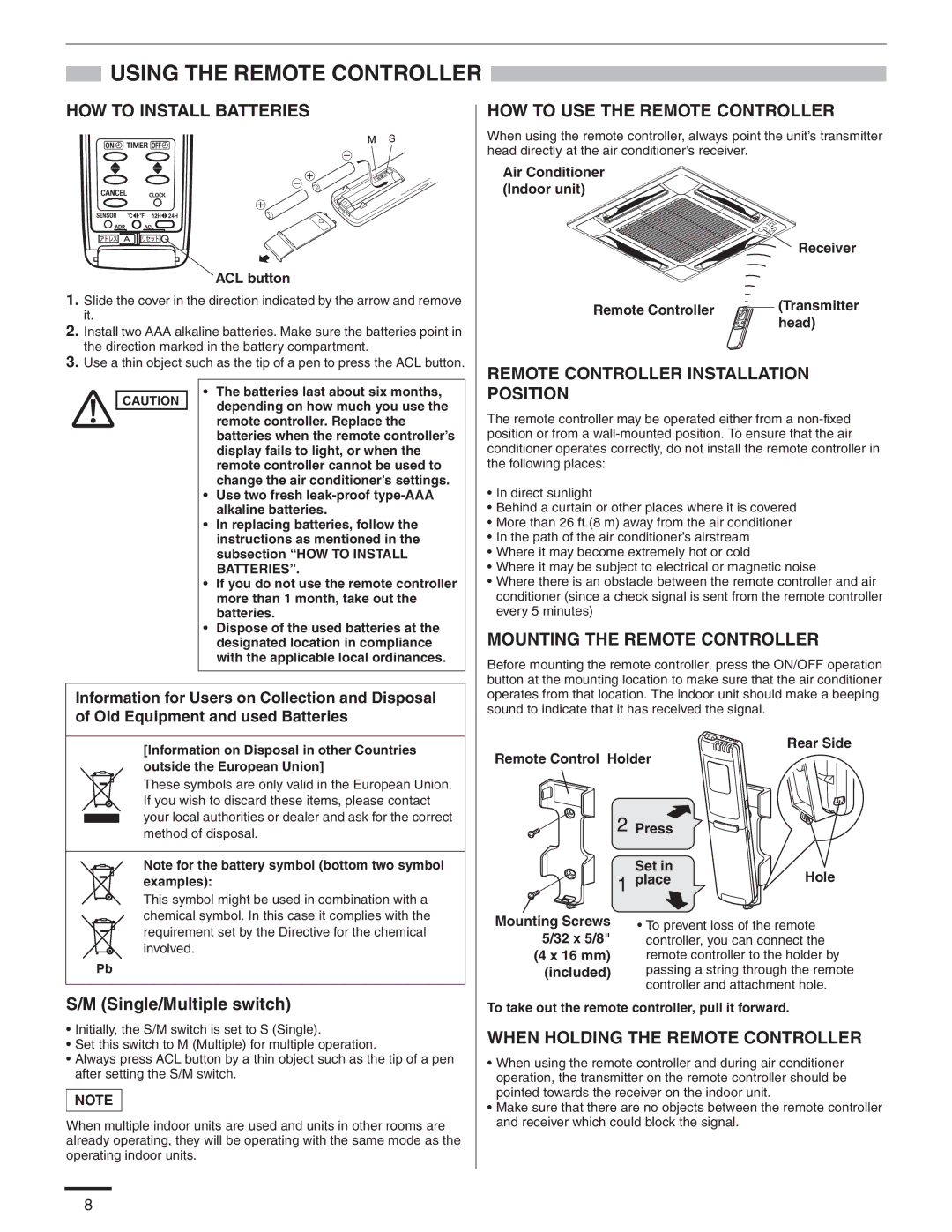 Panasonic CZ-18BT1U, CS-MKE9NB4U, CU-4KE31NBU, CU-4KE24NBU, CU-3KE19NBU Using the Remote Controller, Single/Multiple switch 