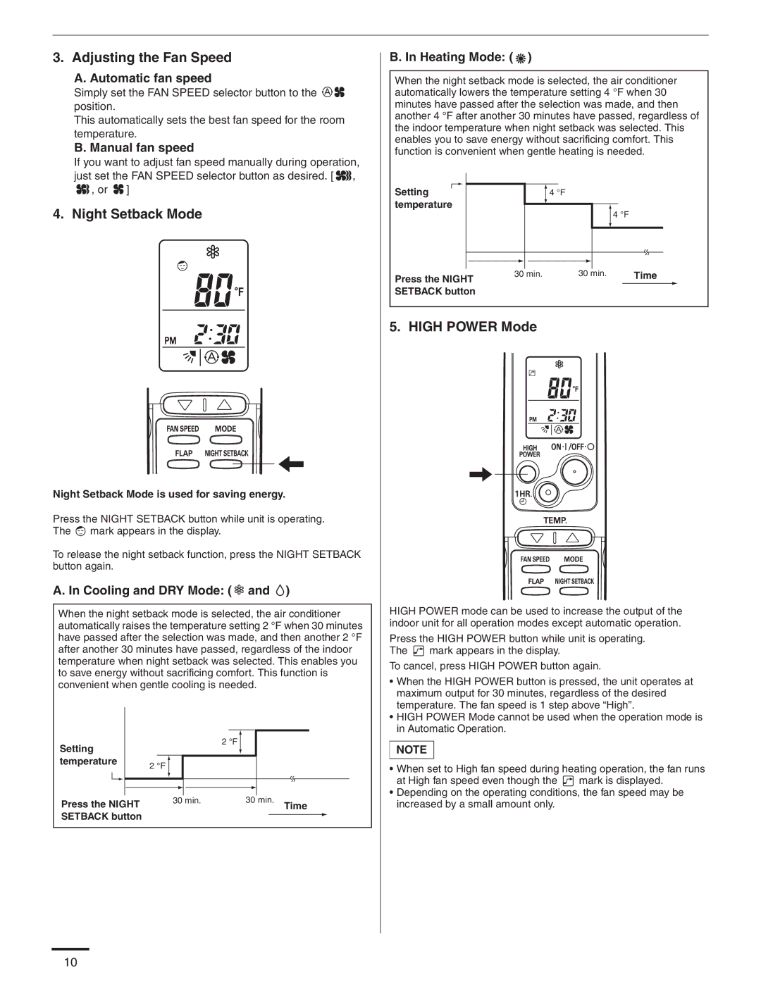 Panasonic CU-4KE31NBU, CS-MKE9NB4U, CU-4KE24NBU, CU-3KE19NBU Adjusting the Fan Speed, Night Setback Mode, High Power Mode 