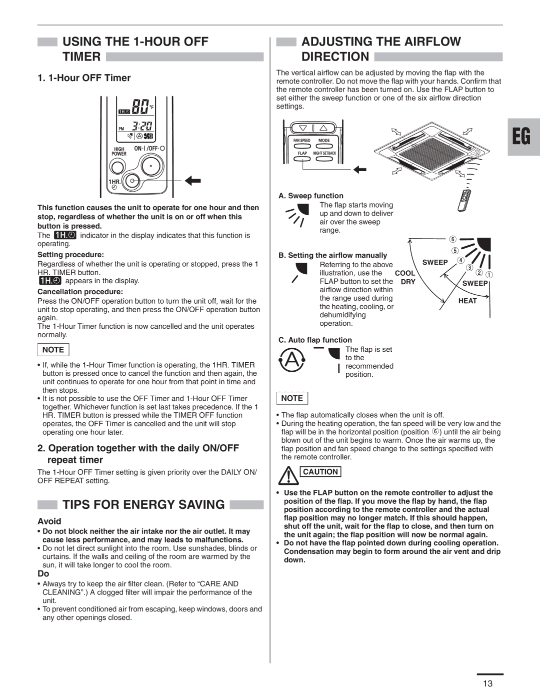 Panasonic CS-MKE12NB4U Using the 1-HOUR OFF Timer, Adjusting the Airflow Direction, Tips for Energy Saving, Hour OFF Timer 