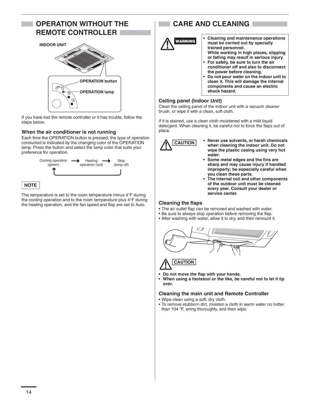 Panasonic CS-KE18NB4UW, CS-MKE9NB4U Care and Cleaning, When the air conditioner is not running, Ceiling panel Indoor Unit 