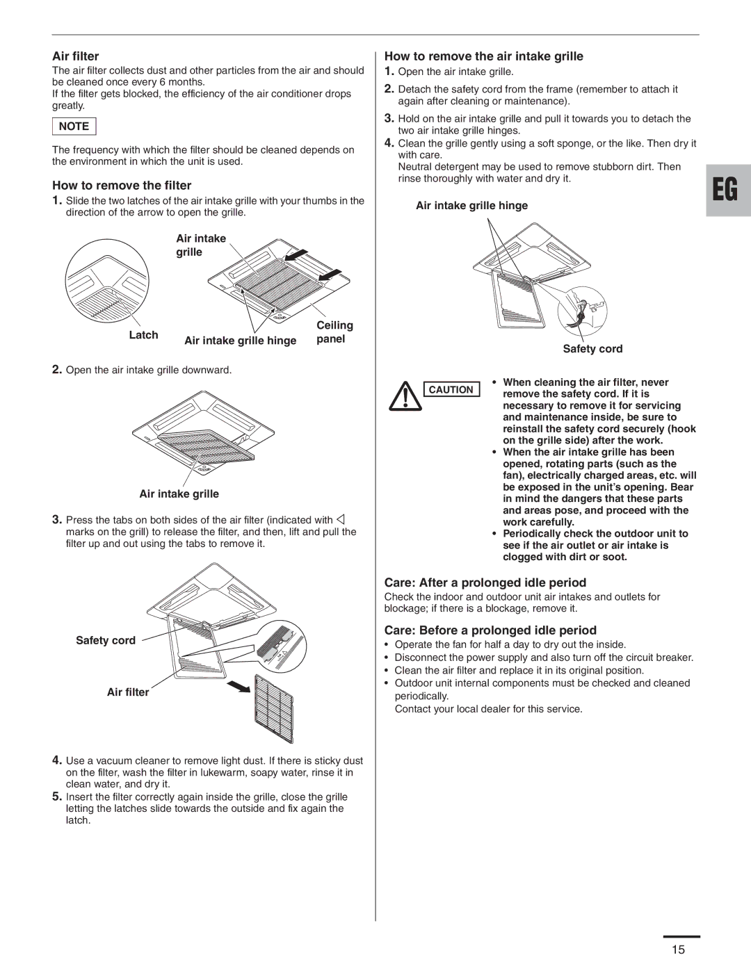 Panasonic CZ-18BT1U, CS-MKE9NB4U, CU-4KE31NBU Air filter, How to remove the filter, How to remove the air intake grille 