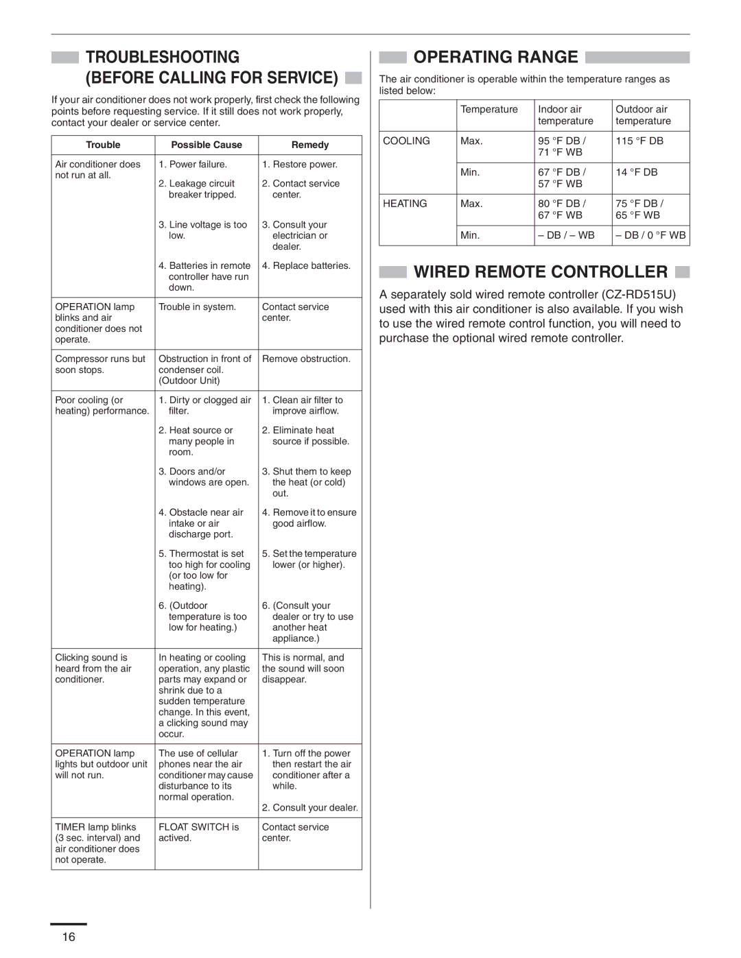 Panasonic CS-MKE9NB4U, CU-4KE31NBU, CU-4KE24NBU, CU-3KE19NBU Troubleshooting, Operating Range, Wired Remote Controller 