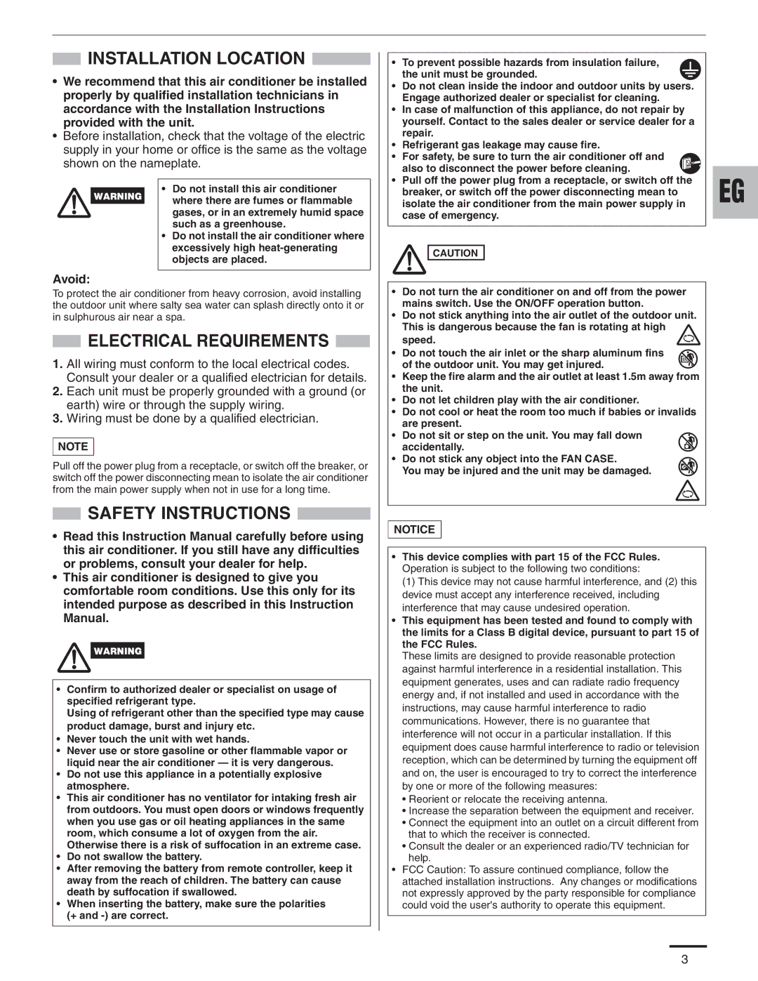 Panasonic CS-KE18NB4UW, CS-MKE9NB4U, CU-4KE31NBU, CU-4KE24NBU, CU-3KE19NBU, CS-MKE12NB4U, CZ-18BT1U Installation Location 