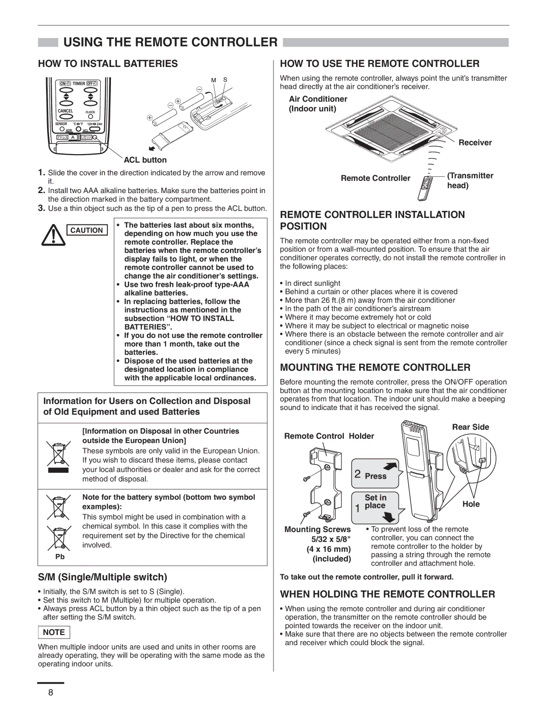 Panasonic CU-3KE19NBU, CS-MKE9NB4U, CU-4KE31NBU, CU-4KE24NBU, CS-MKE12NB4U, CS-KE18NB4UW, CZ-18BT1U Using the Remote Controller 