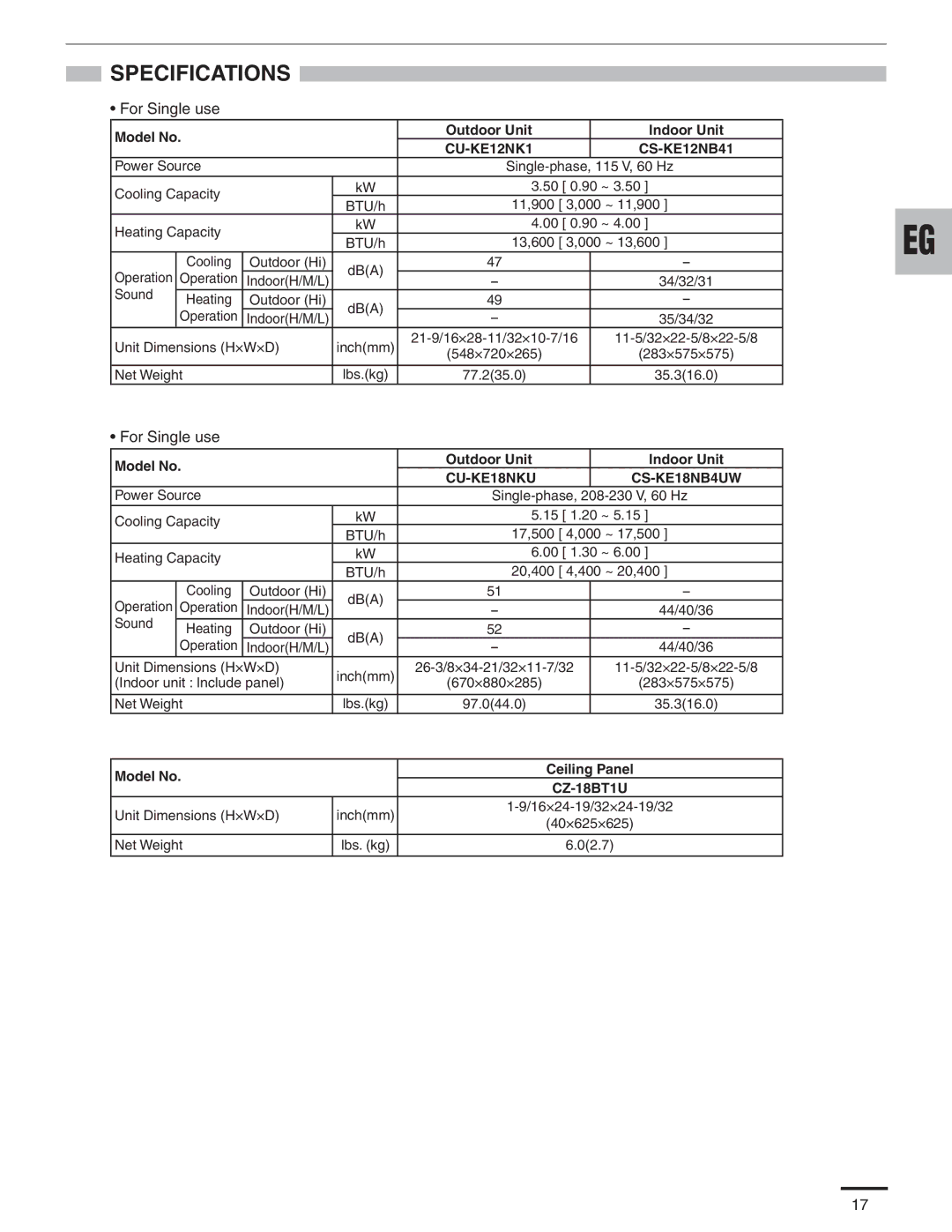 Panasonic CS-KE18NB4UW For Single use, Model No Outdoor Unit Indoor Unit, CS-KE12NB41, Model No Ceiling Panel CZ-18BT1U 