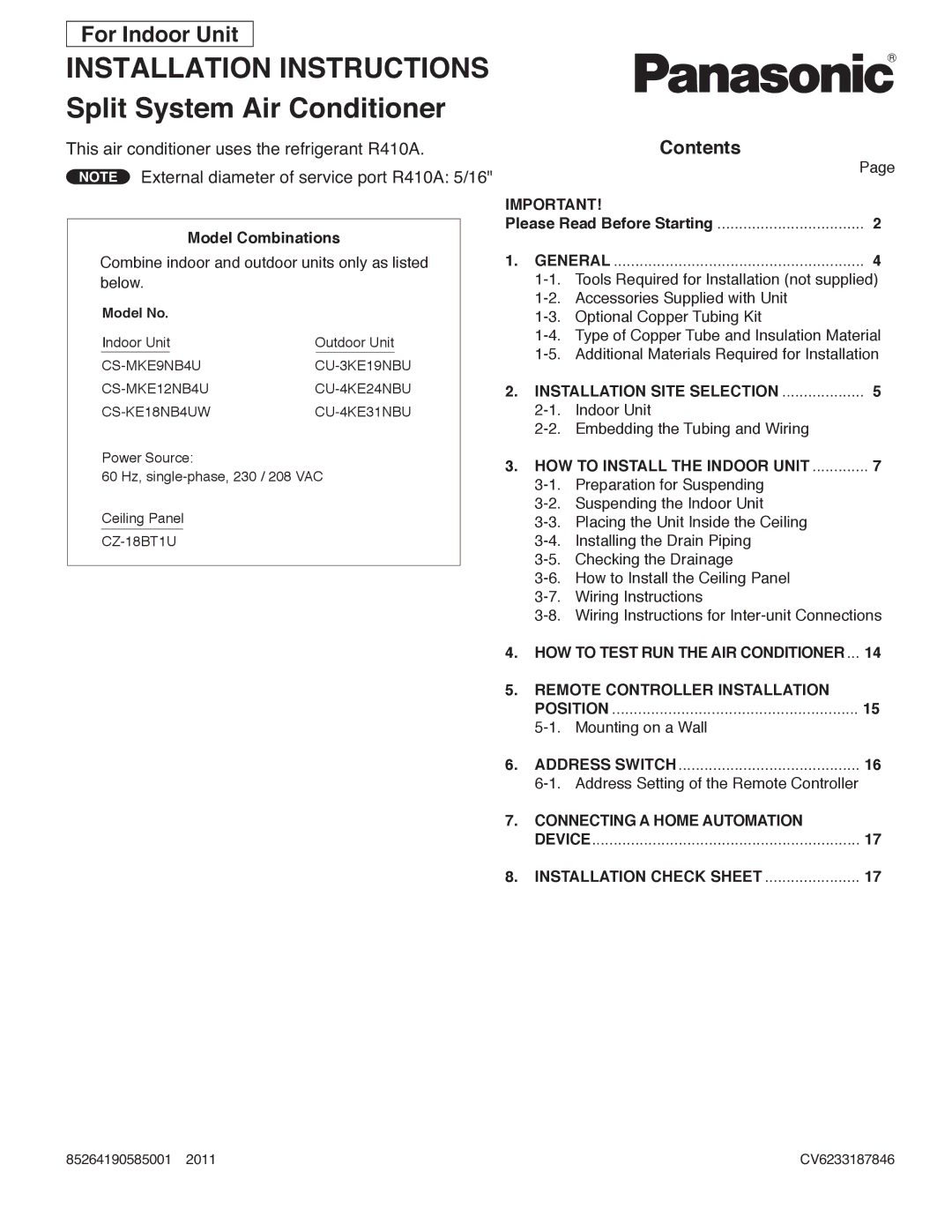 Panasonic CU-4KE24NBU, CS-MKE9NB4U, CU-4KE31NBU, CU-3KE19NBU, CS-MKE12NB4U, CS-KE18NB4UW, CZ-18BT1U For Indoor Unit, Contents 