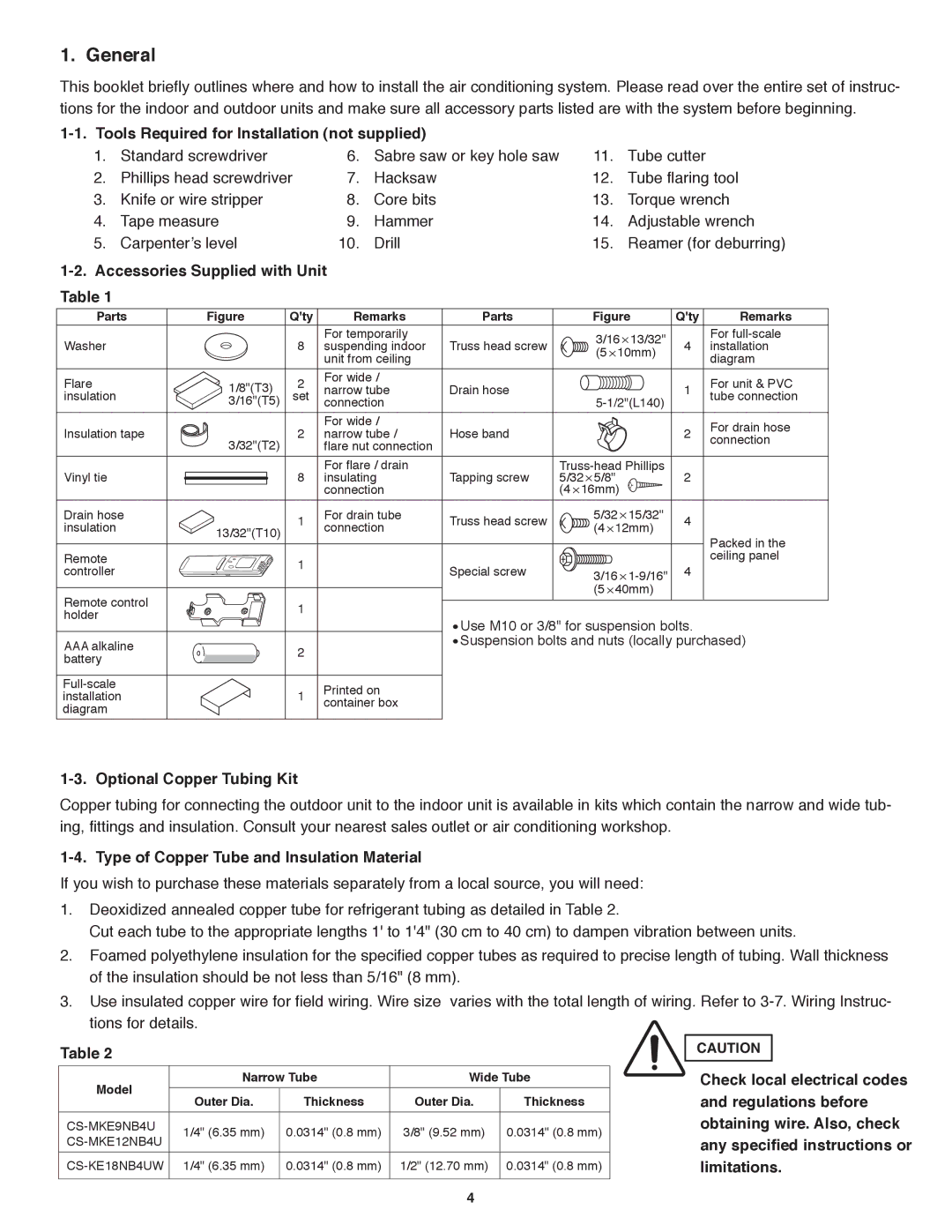 Panasonic CS-KE18NB4UW General, Tools Required for Installation not supplied, Accessories Supplied with Unit Table 