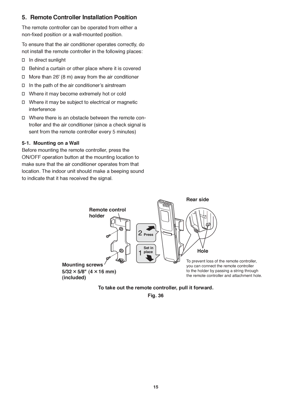 Panasonic CU-4KE24NBU Remote Controller Installation Position, Mounting on a Wall, Rear side Remote control holder 