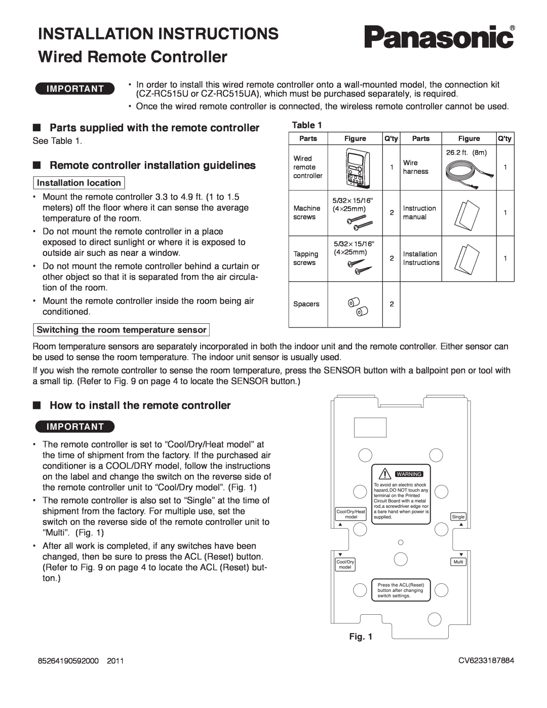 Panasonic CS-MKE12NB4U INSTALLATION INSTRUCTIONS Wired Remote Controller, Parts supplied with the remote controller, Table 