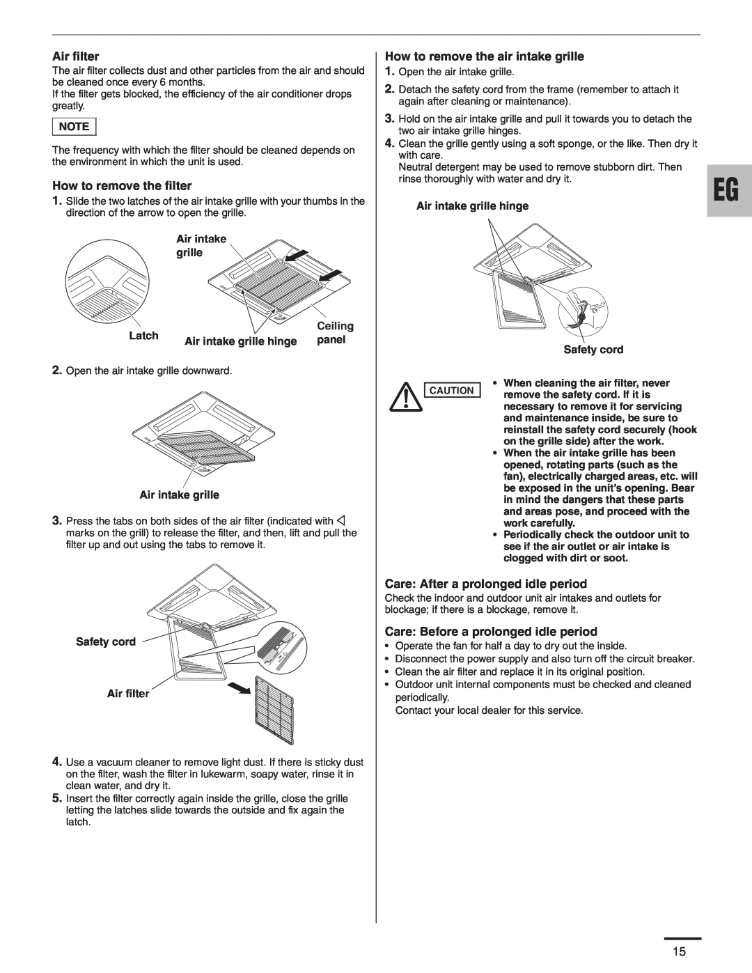 Panasonic CZ-18BT1U Air filter, How to remove the filter, How to remove the air intake grille, Latch, Ceiling, panel 