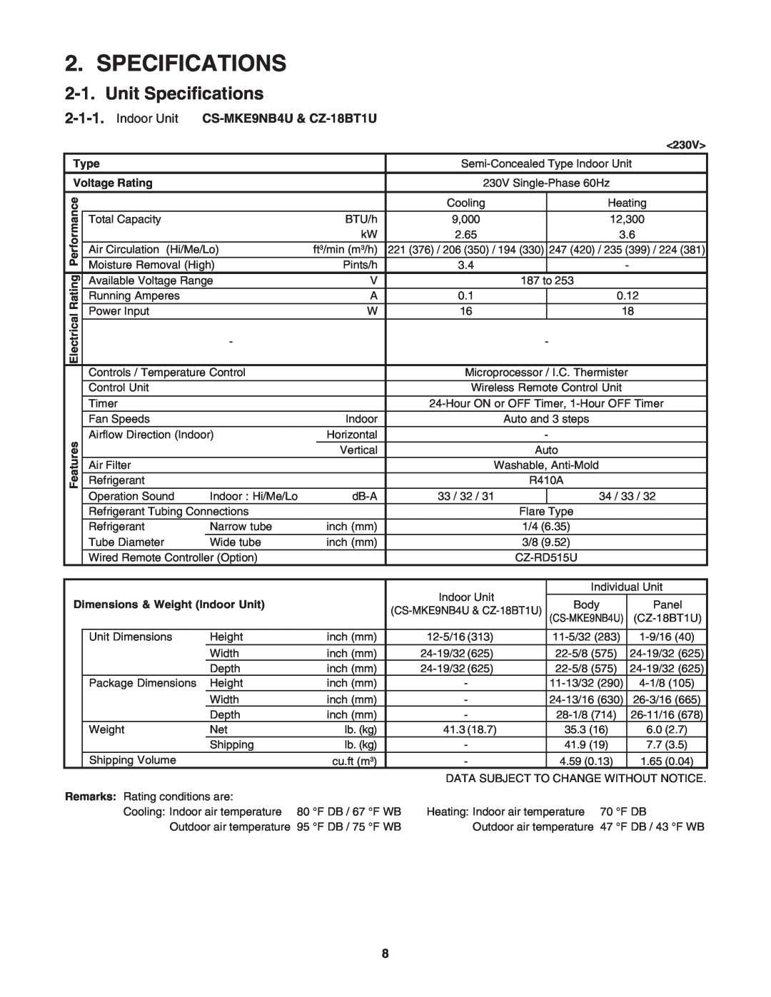 Panasonic CU-4KE31NBU Unit Specifications, Indoor Unit CS-MKE9NB4U& CZ-18BT1U, <230V>, Type, Voltage Rating 