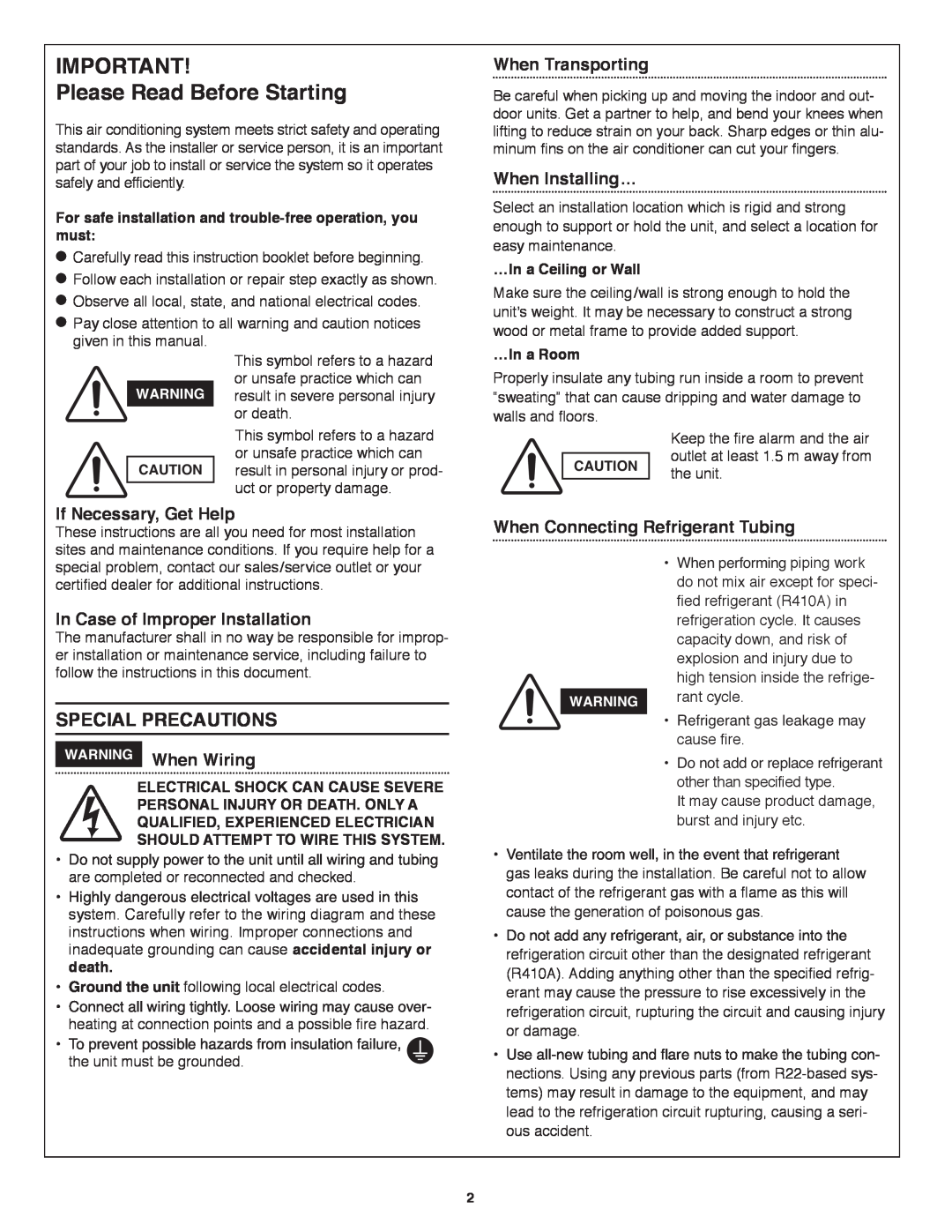 Panasonic CU-3KE19NBU Please Read Before Starting, Special Precautions, If Necessary, Get Help, WARNING When Wiring 