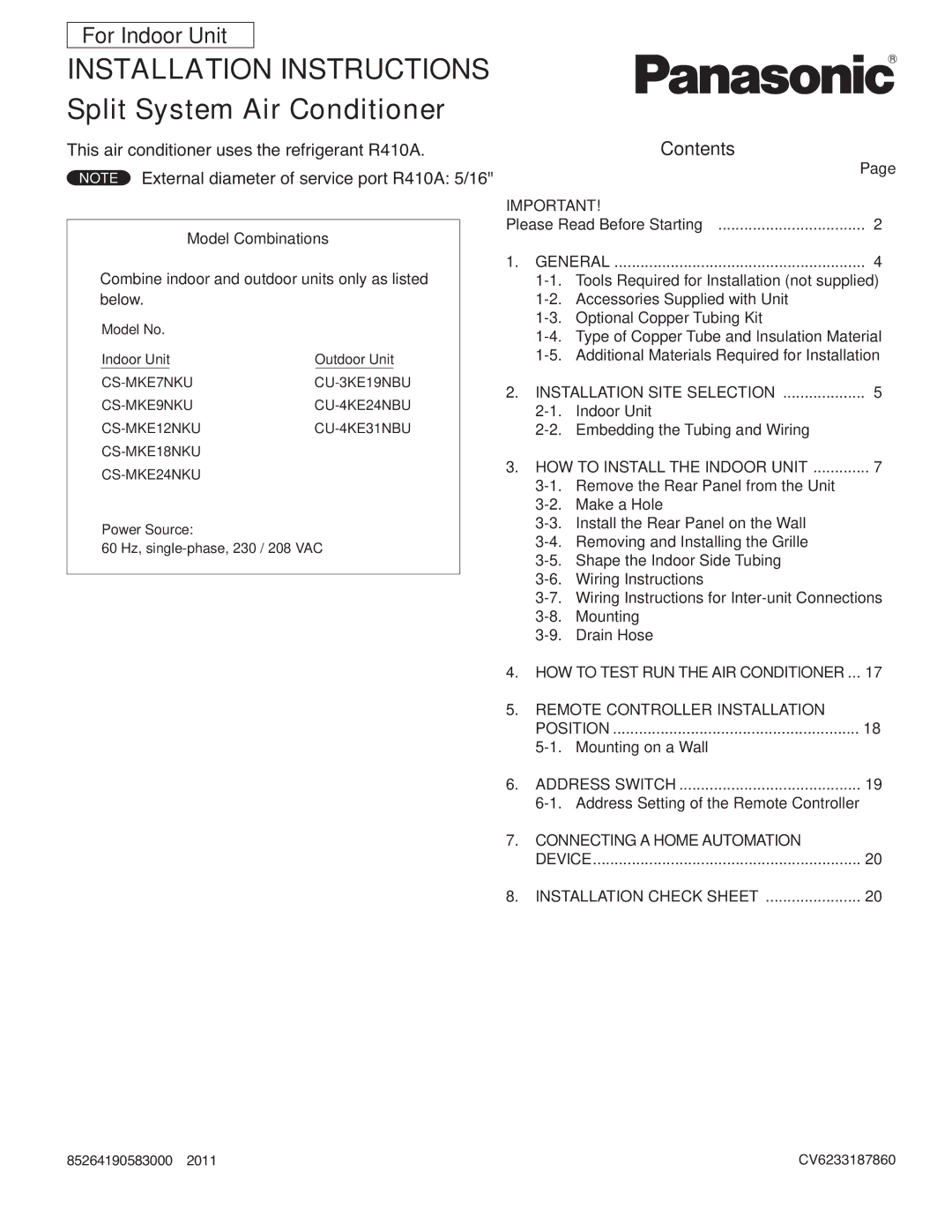 Panasonic CS-MKE7NKU, CS-MKE9NKU, CS-MKE18NKU, CS-MKE12NKU, CS-MKE24NKU service manual For Indoor Unit, Contents 