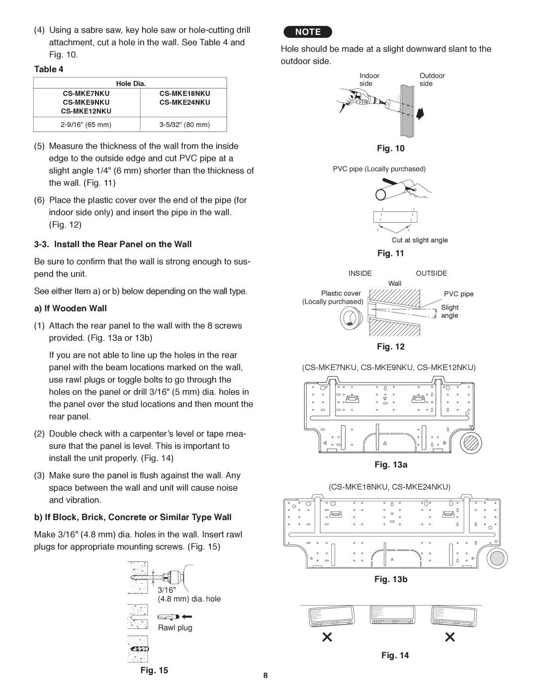 Panasonic CS-MKE12NKU Install the Rear Panel on the Wall, If Wooden Wall, If Block, Brick, Concrete or Similar Type Wall 