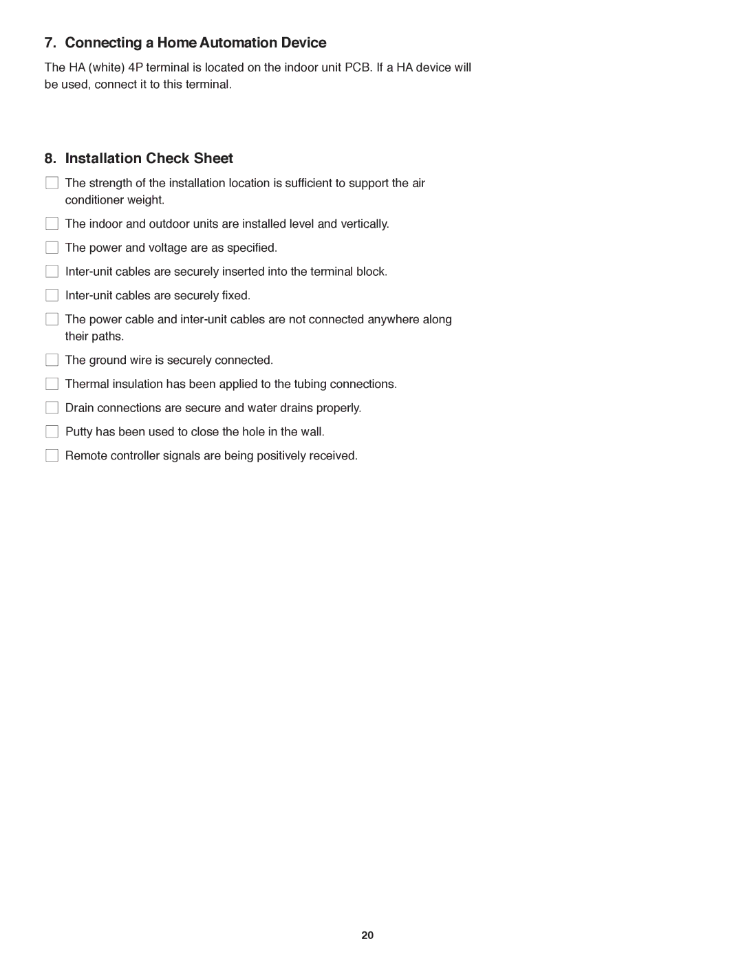 Panasonic CS-MKE9NKU, CS-MKE7NKU, CS-MKE18NKU, CS-MKE12NKU Connecting a Home Automation Device, Installation Check Sheet 