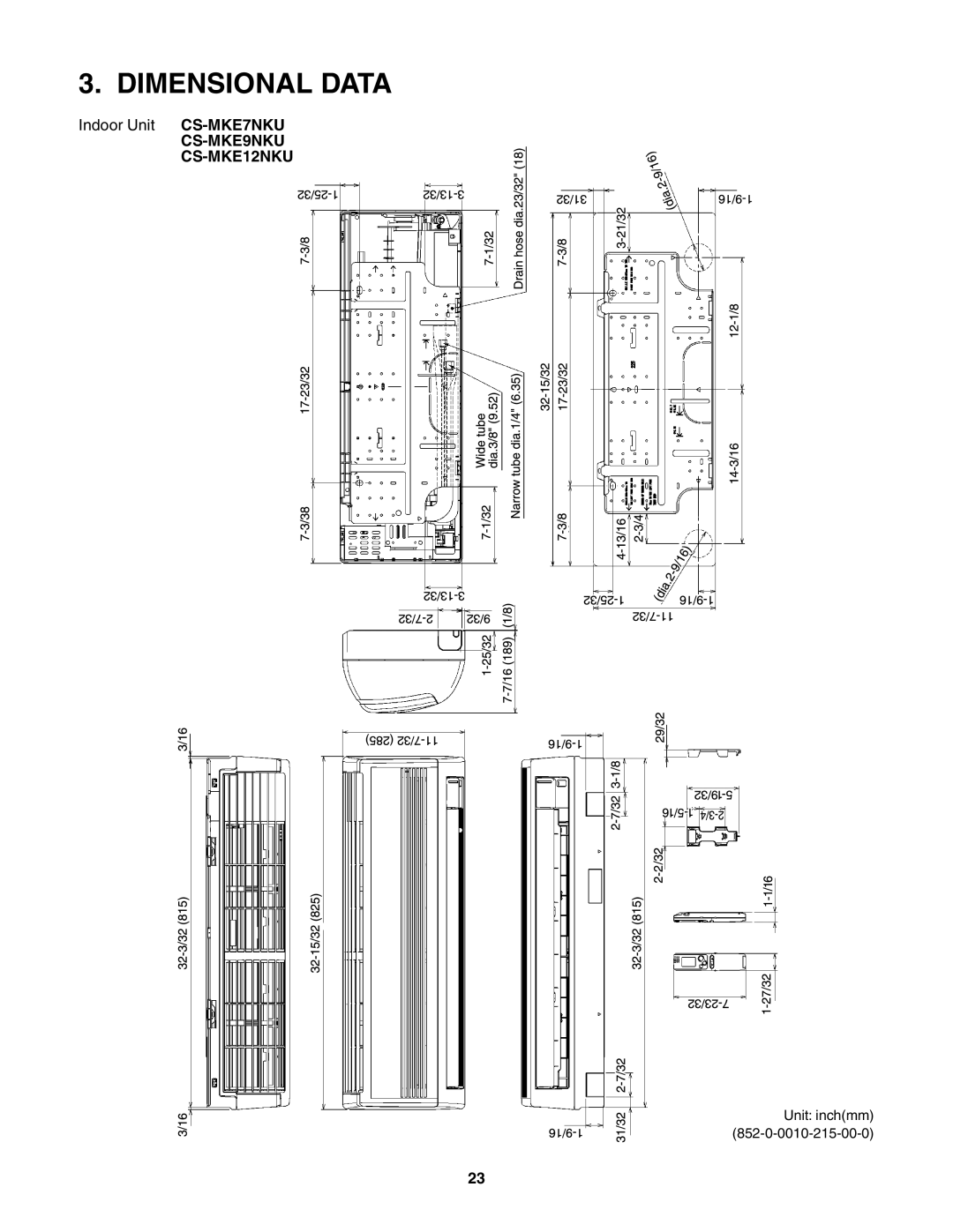 Panasonic CS-MKE7NKU, CS-MKE18NKU, CS-MKE24NKU service manual Dimensional Data, CS-MKE9NKU CS-MKE12NKU 