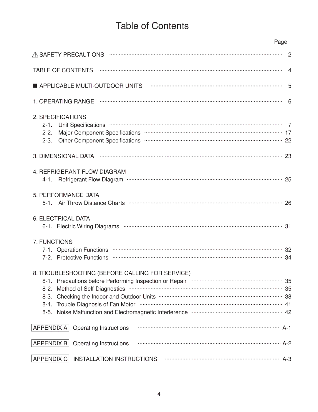 Panasonic CS-MKE24NKU, CS-MKE9NKU, CS-MKE7NKU, CS-MKE18NKU, CS-MKE12NKU service manual Table of Contents 