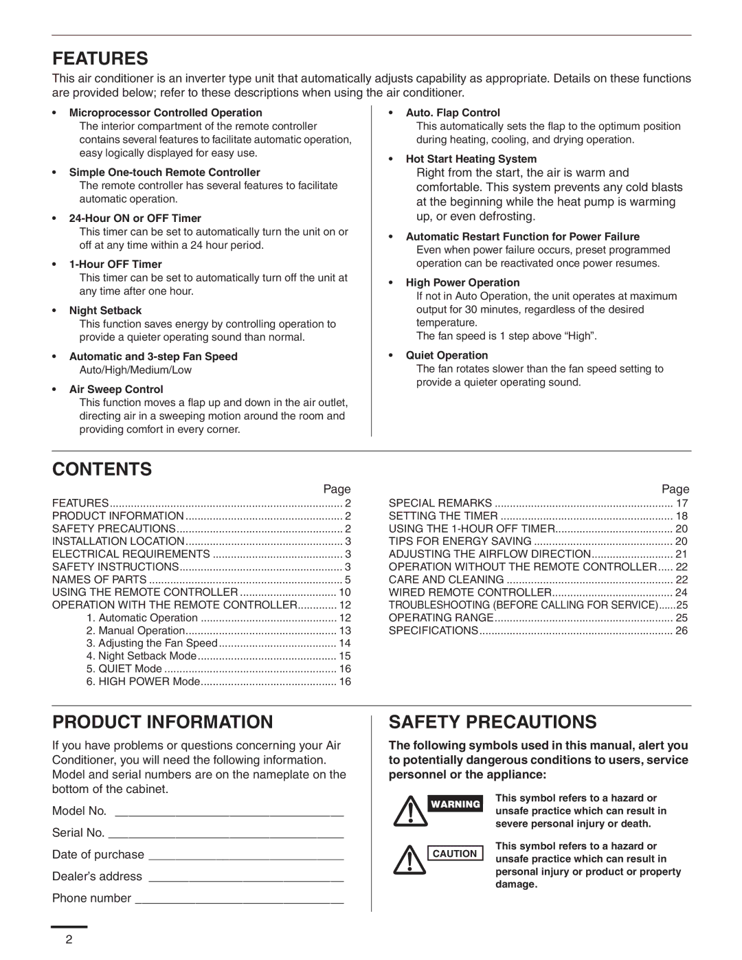 Panasonic CS-MKE7NKU, CS-MKE9NKU, CS-MKE18NKU, CS-MKE12NKU Features, Contents, Product Information, Safety Precautions 