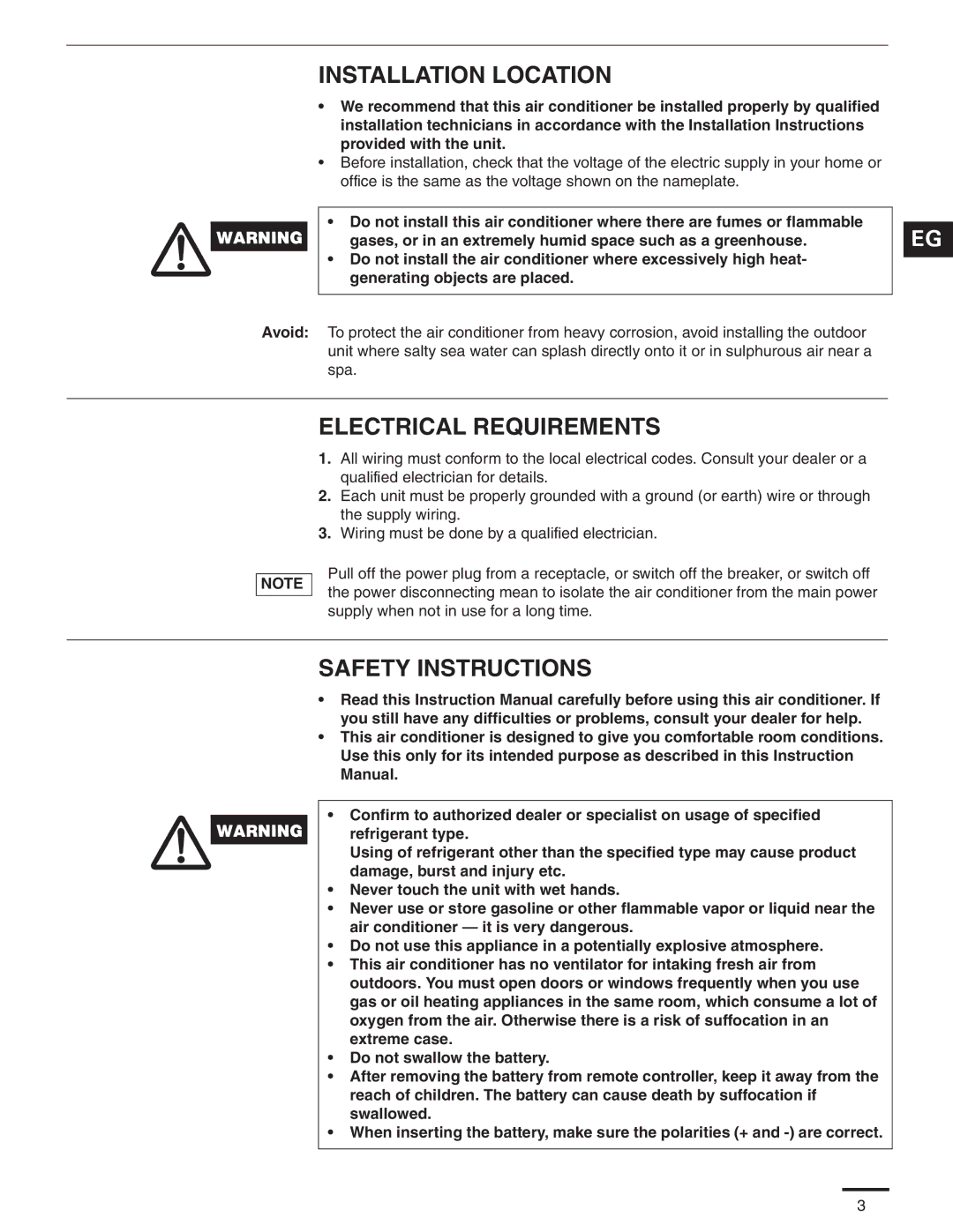 Panasonic CS-MKE18NKU, CS-MKE9NKU, CS-MKE7NKU Installation Location, Electrical Requirements, Safety Instructions 