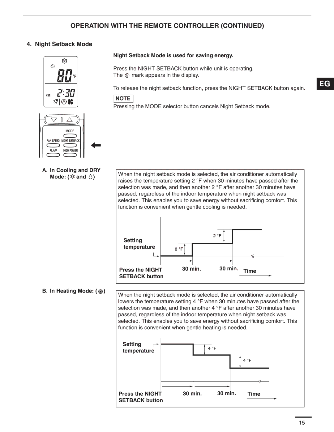 Panasonic CS-MKE24NKU, CS-MKE9NKU Night Setback Mode is used for saving energy, Cooling and DRY Mode Heating Mode 