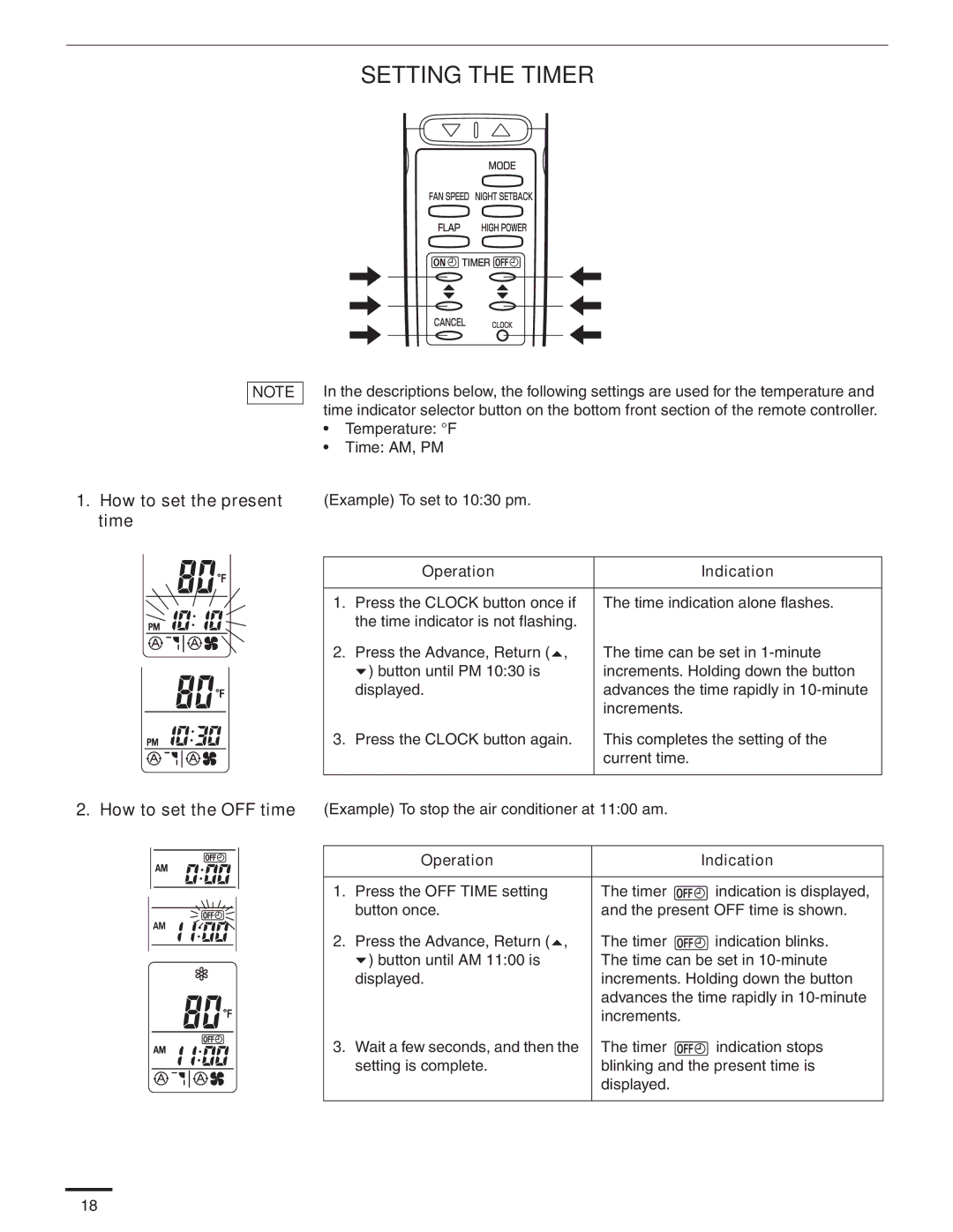 Panasonic CS-MKE18NKU, CS-MKE9NKU, CS-MKE7NKU Setting the Timer, Example To set to 1030 pm, Operation Indication 