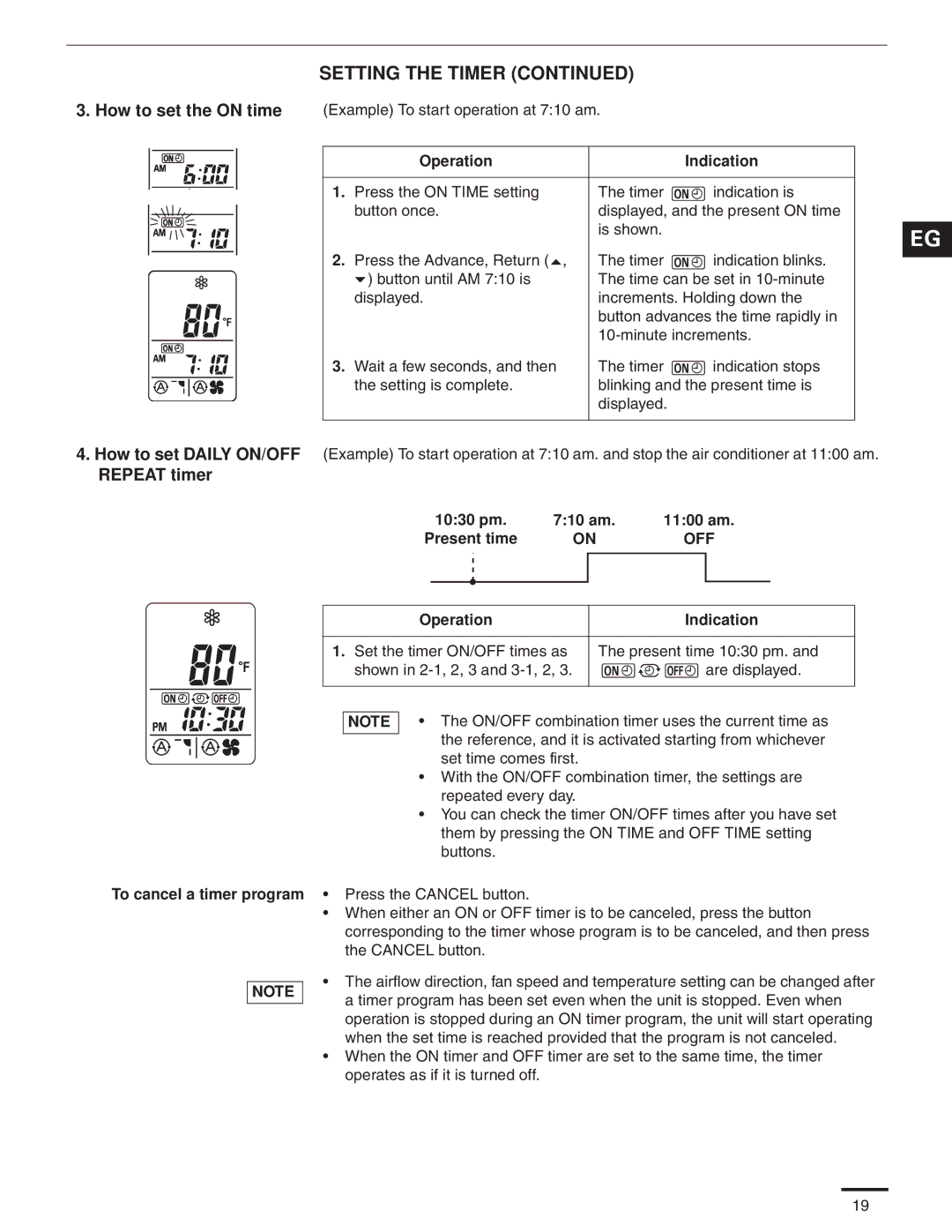 Panasonic CS-MKE12NKU How to set the on time Example To start operation at 710 am, 1030 pm 710 am 1100 am Present time 