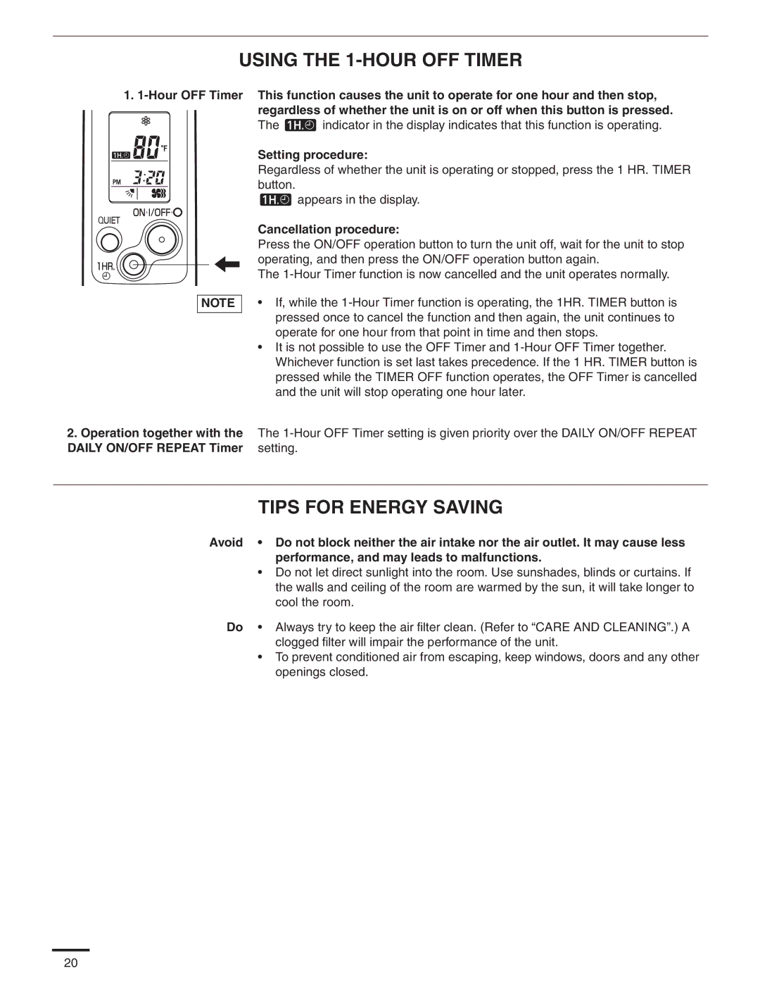 Panasonic CS-MKE24NKU Using the 1-HOUR OFF Timer, Tips for Energy Saving, Setting procedure, Cancellation procedure 