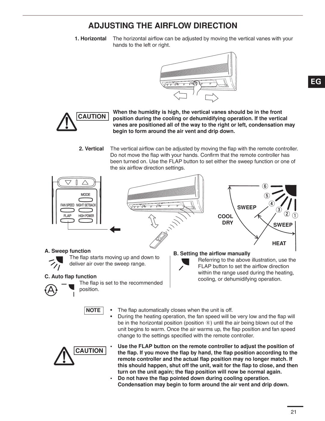 Panasonic CS-MKE9NKU, CS-MKE7NKU, CS-MKE18NKU, CS-MKE12NKU Adjusting the Airflow Direction, Horizontal, Sweep Cool DRY Heat 